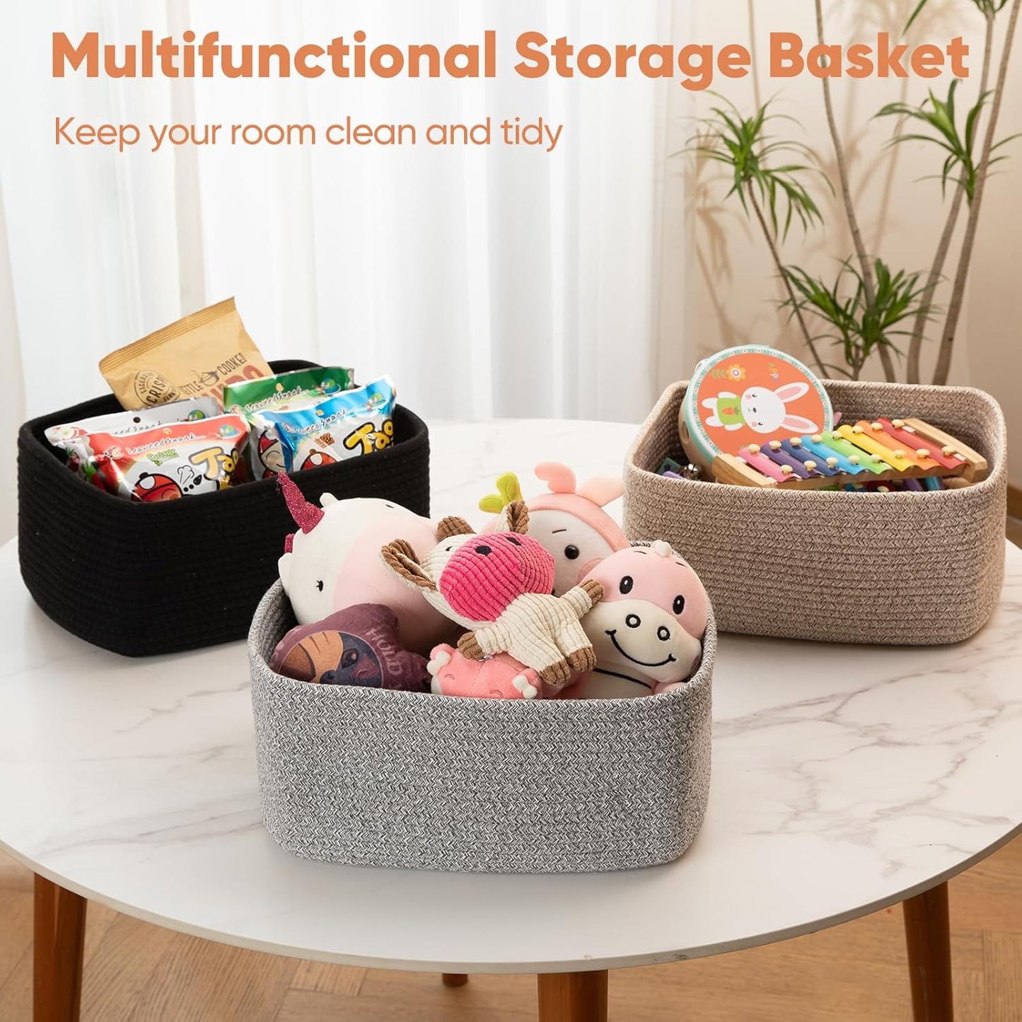 OIAHOMY 4 Pack 14.17 * 11.02 * 6.3IN Storage Baskets for Organizing Shelves, Woven Rope Baskets for Organizing Books, Clothes, Decorative Basket for Living Room, Nursery, Bedroom, Gift Basket, Brown