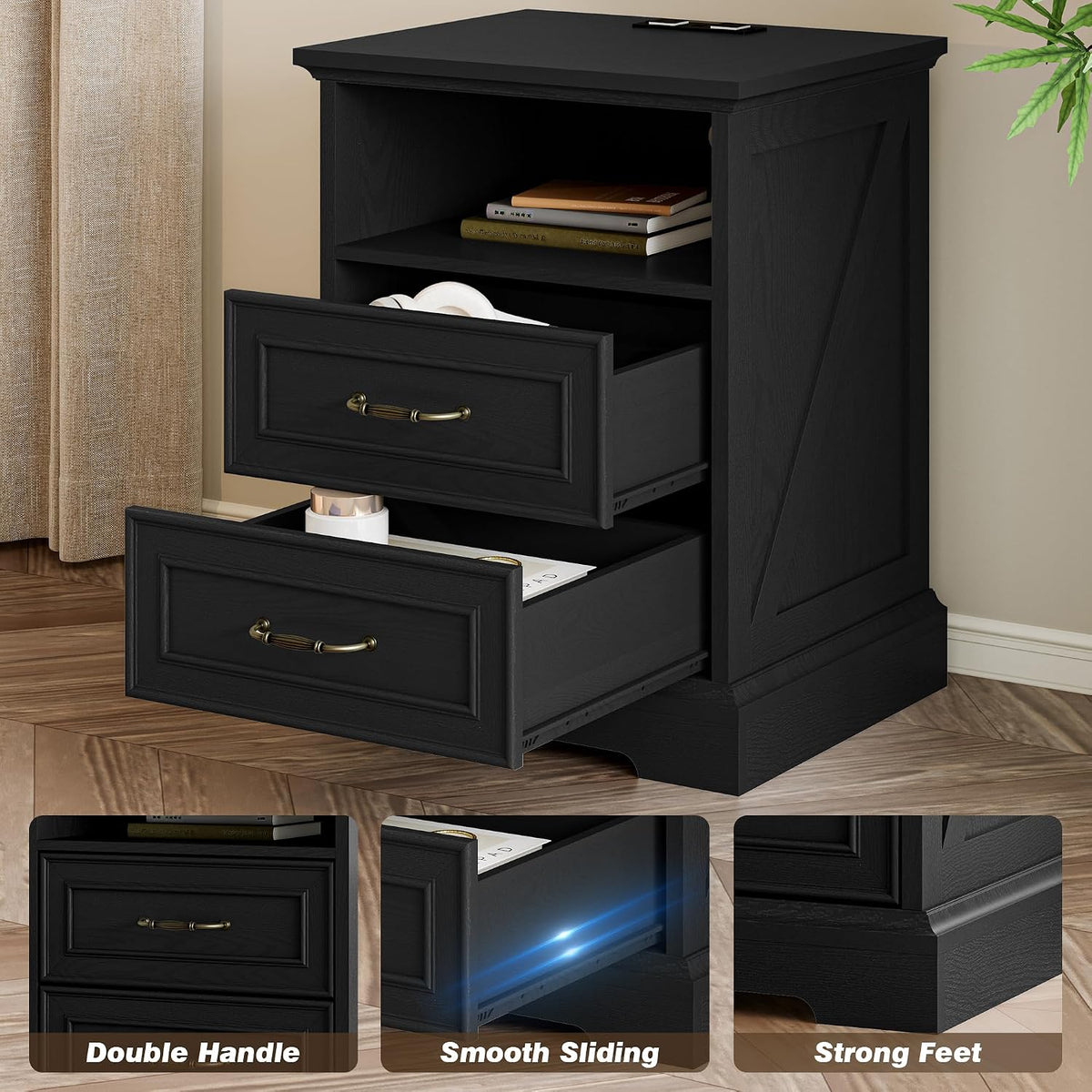 Xixini Tall Nightstand with Charging Station, Farmhouse Black Bedside Table