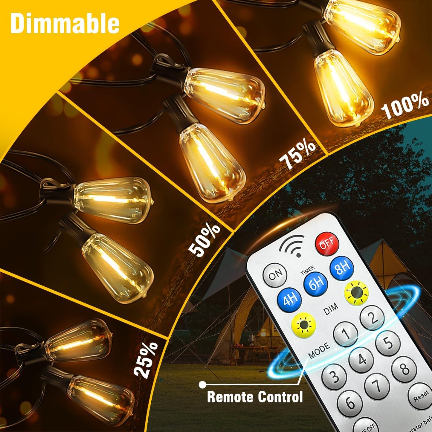 100FT Solar String Lights Outdoor Waterproof with Remote & Timer, LED Shatterproof ST38 Bulbs, USB & Solar Powered Patio Lights for Backyard, Porch, Garden, Wedding Decor, Dusk to Dawn Lighting