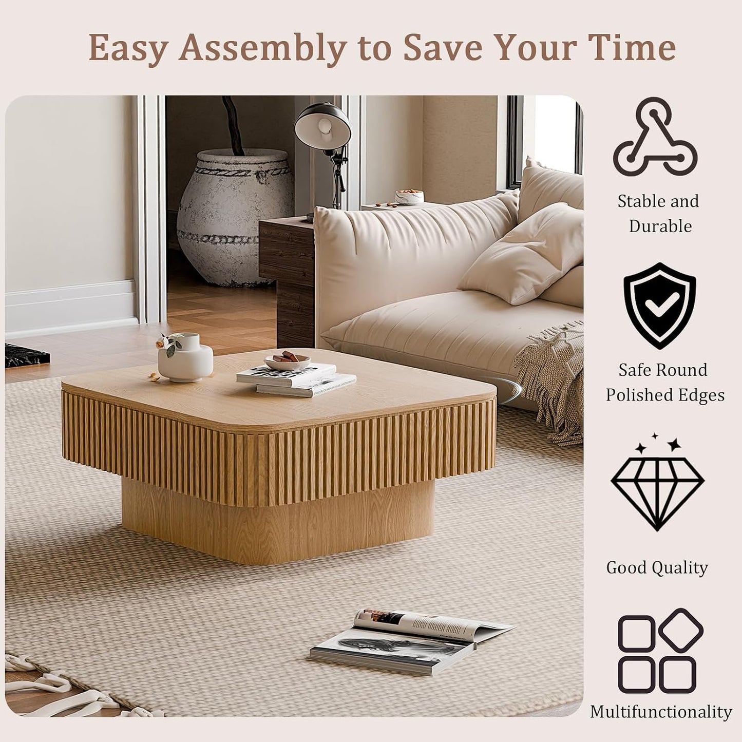 31.5" Square Coffee Table with Hidden Storage Compartment, Modern Handcraft Fluted Drum Coffee Table,Wooden Square Center Table Cocktail Tea Table with Sturdy Pedestal for Living Room,Natural