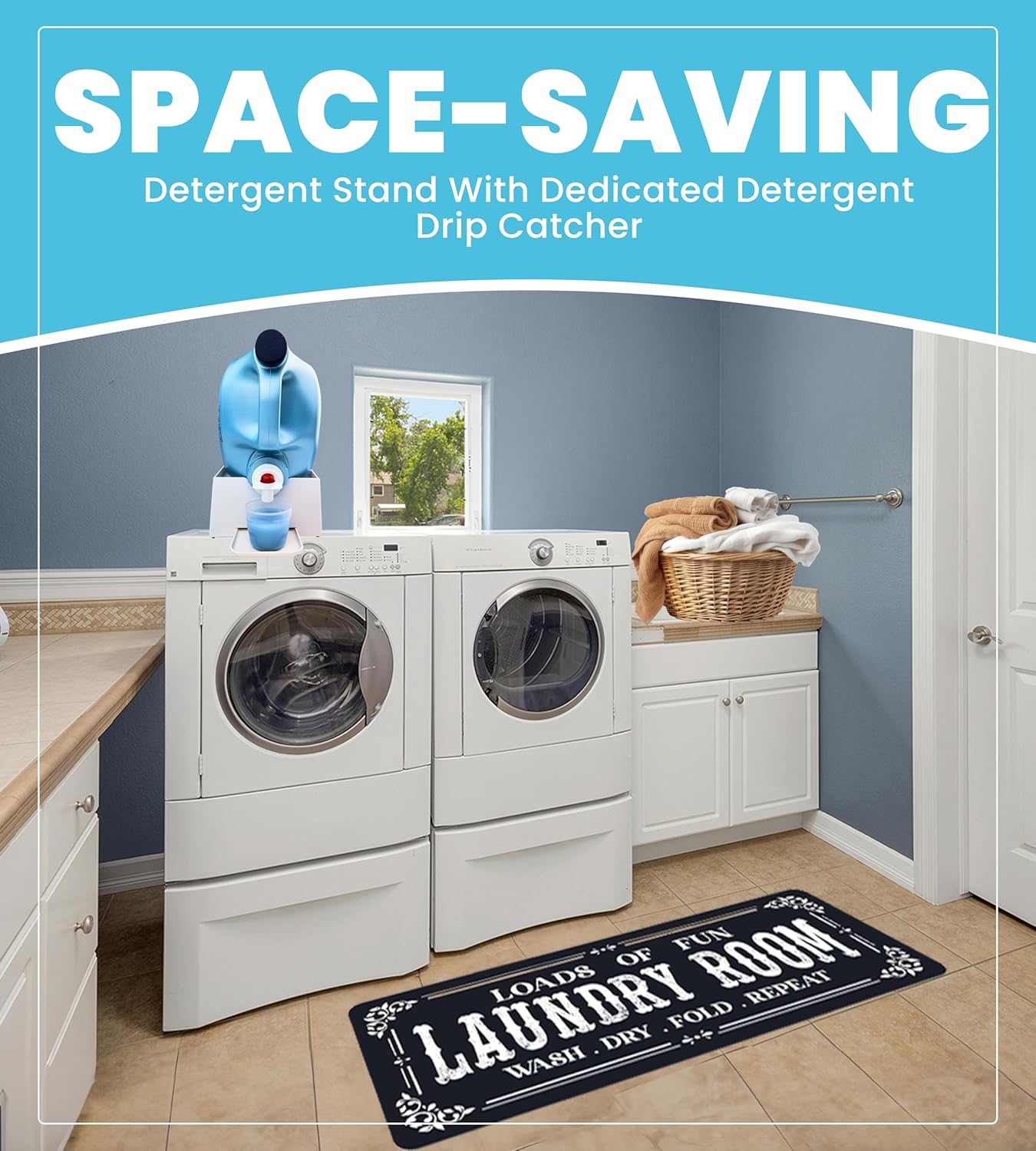TidyFriend Laundry Detergent Holder with Laundry Room Rug Runner, Detergent Stand for Spill Protection, Non-Slip Runner Mat, and Stylish Room Organizer for Home & Laundry Spaces (Kit)