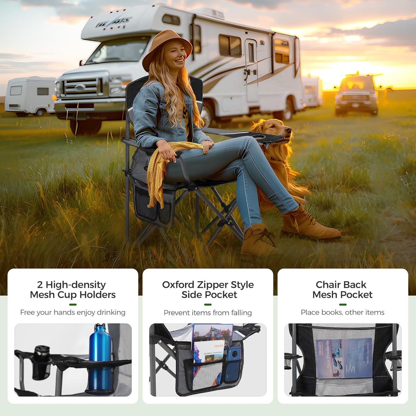 ALPHA CAMP Heavy Duty Camping Chair 500LBS Capacity, Oversized Folding Chair for Heavy People, Padded Portable Outdoor Chair with Cooler Bag & Cup Holder for Camping, Fishing, Beach
