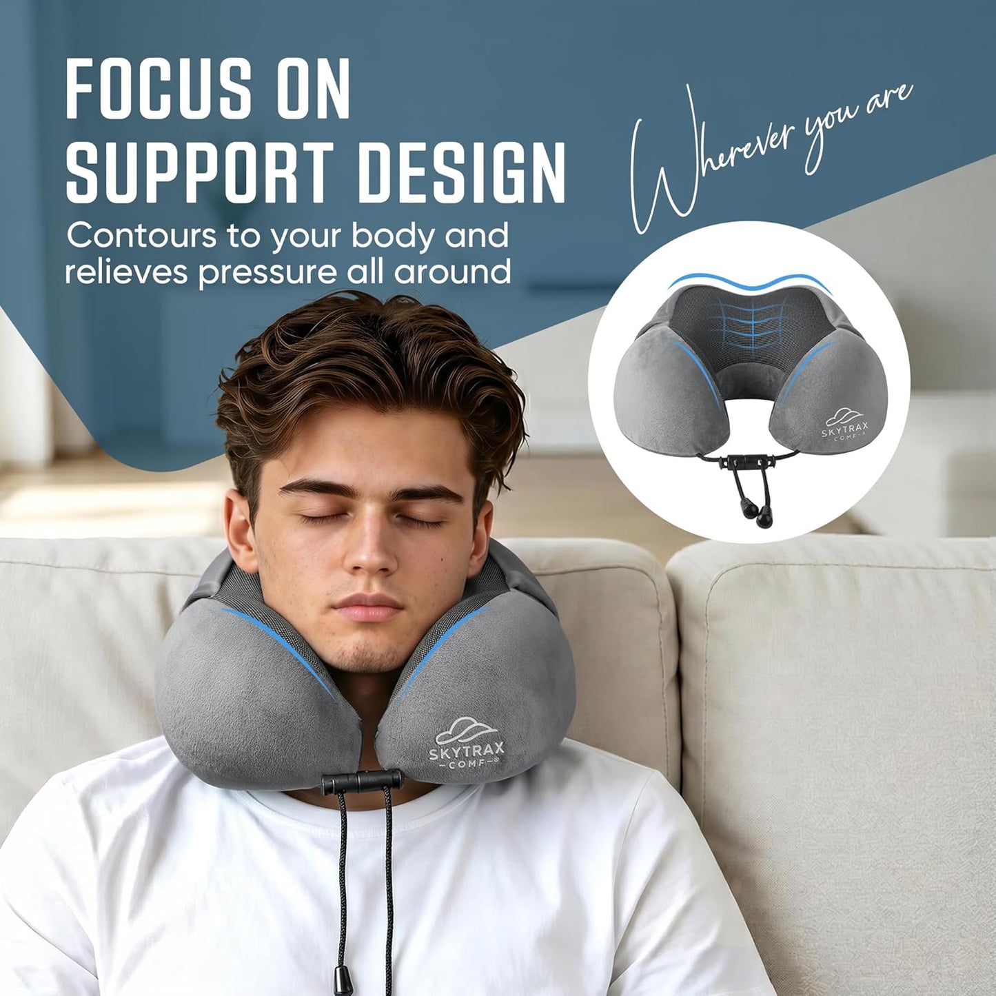 Travel Pillow with Extra Large Hood for Airplane Long Flights Privacy and Comfort Memory Foam with Velvet Cover for Road Trip Head&Neck Support for Plane Office Cars Sleeping & Rest (Light Grey)