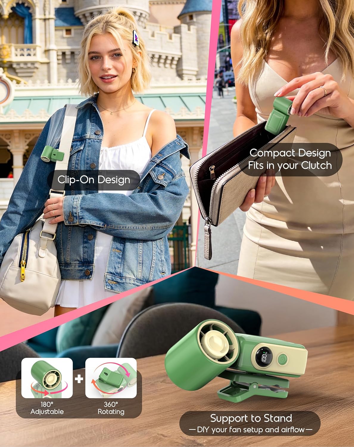 Portable Clip-On Mini Fan, Hands-Free, Turbo Personal Handheld Fans Rechargeable w/ 4 Wind & LED Display, Pocket Size Summer Essentials for Travel/EyeLash/Beach/Concert, Gifts for Women Men(Green)