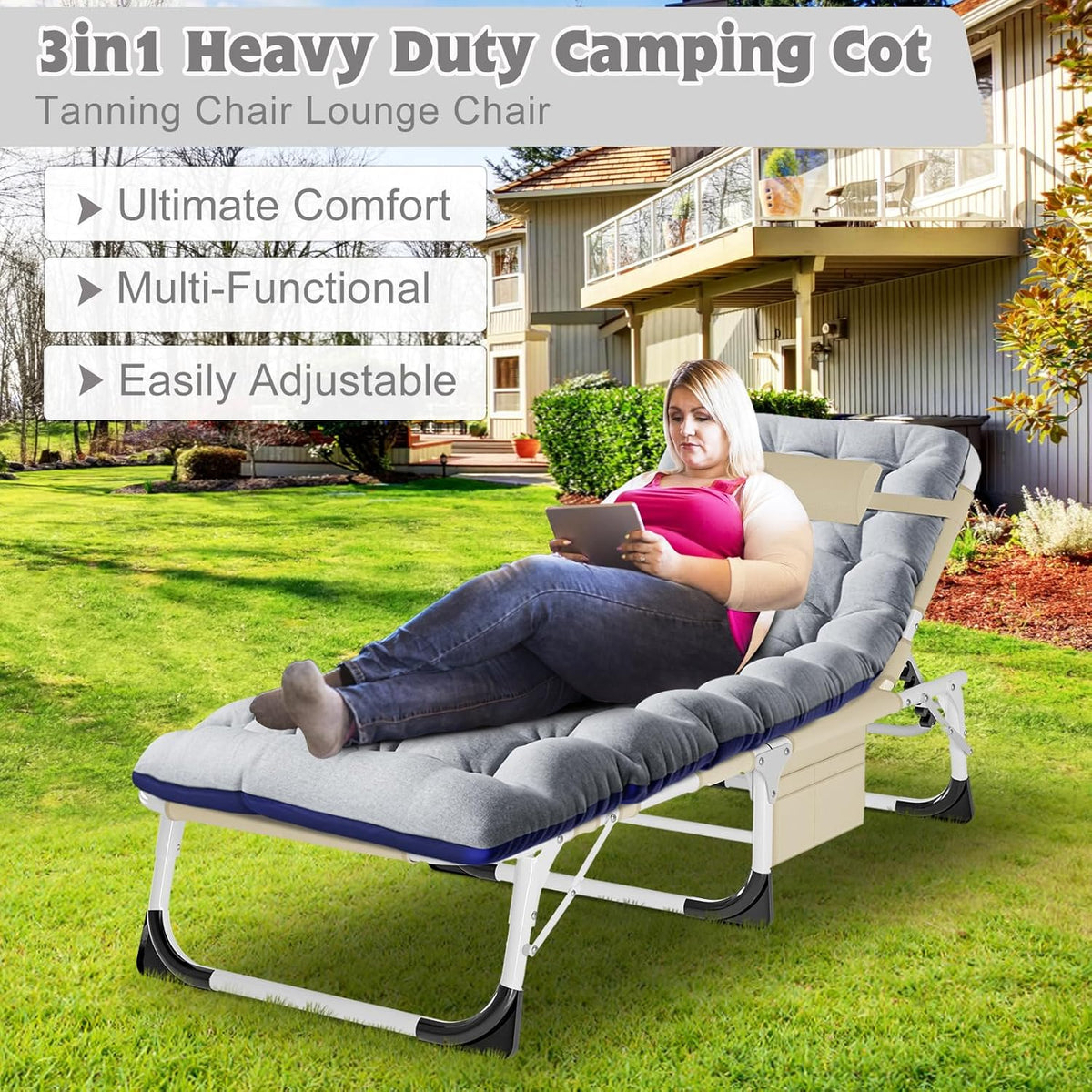 ABORON 3 in 1 Sun Tanning Chair Oversized with Mat&Face Arm Hole, Heavy Duty Folding Chaise Lounge Chairs, 5-Position Outdoor Lounge Chair/Pillow, for Beach, Pool, Lawn, Yard, Patio