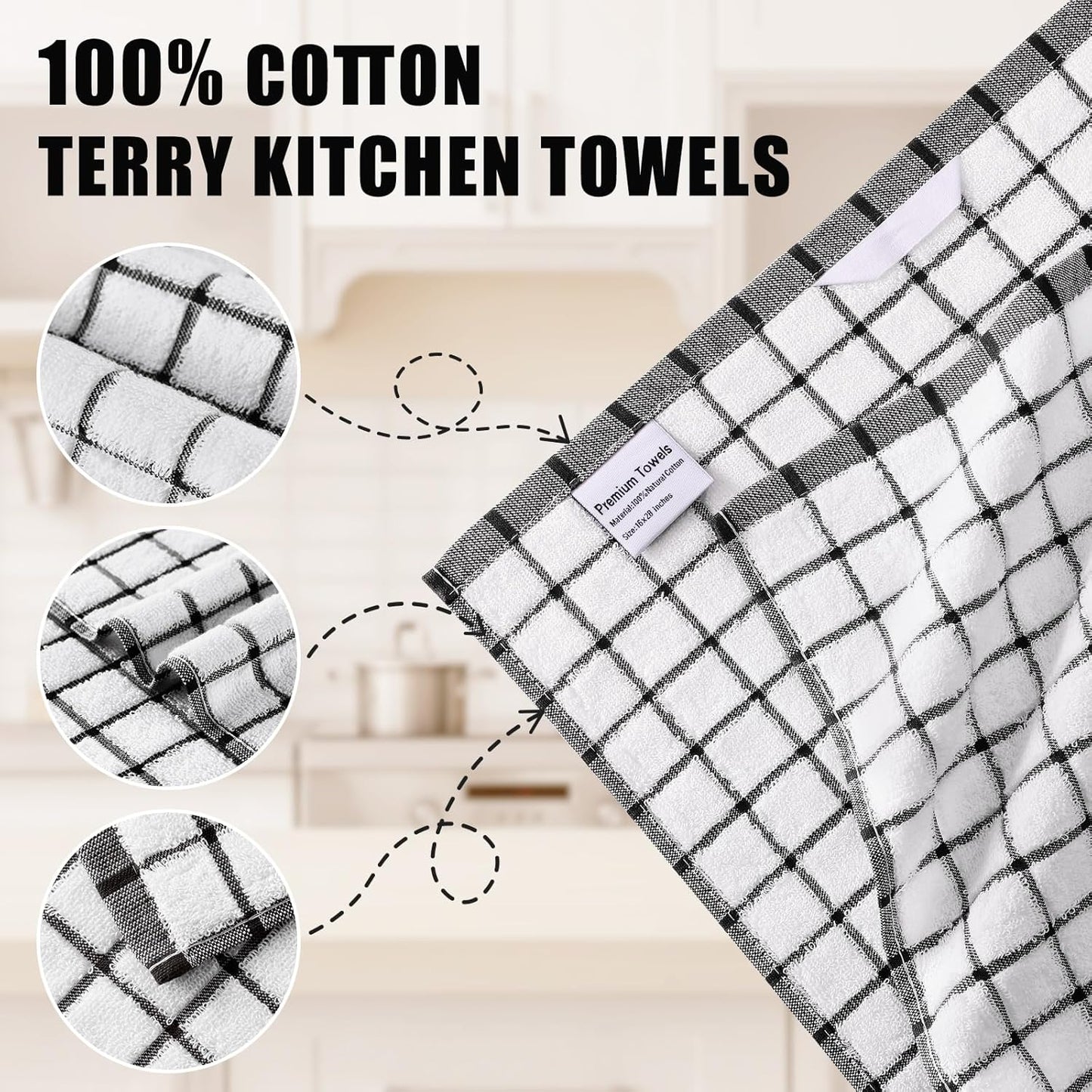 Homaxy Premium Kitchen Towels(16”x 28”, 6 Pack), Large Ring Spun Cotton Dish Towels, Super Absorbent Soft Terry Kitchen Hand Towels, Check Design Tea Towel Set with Hanging Loop, Black