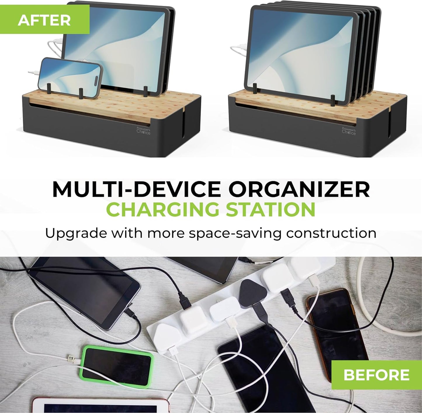 Prosumer's Choice Bamboo Charging Station for Multiple Devices - Wood Device Dock, Organizer Suitable Apple & Android Cell Phone, Tablet, iPad Cables Not Included, Metal & Bamboo Black