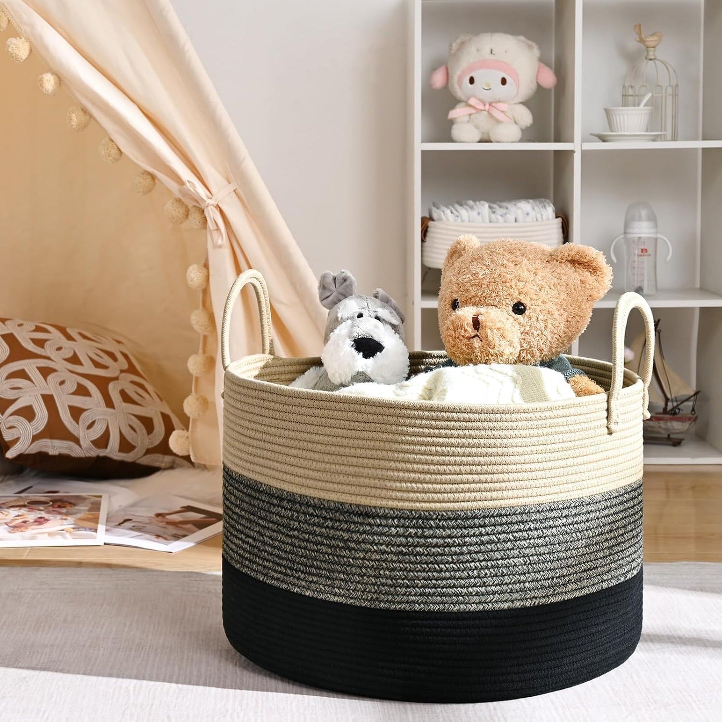 67L Large Woven Blanket Basket, Cotton Rope Baby Laundry Hamper with Handles, Kids Toy Basket for Classroom & Nursery, Soft Round Stuffed Animal Storage, Dog Toy Bin - 20"x13", Black & Brown