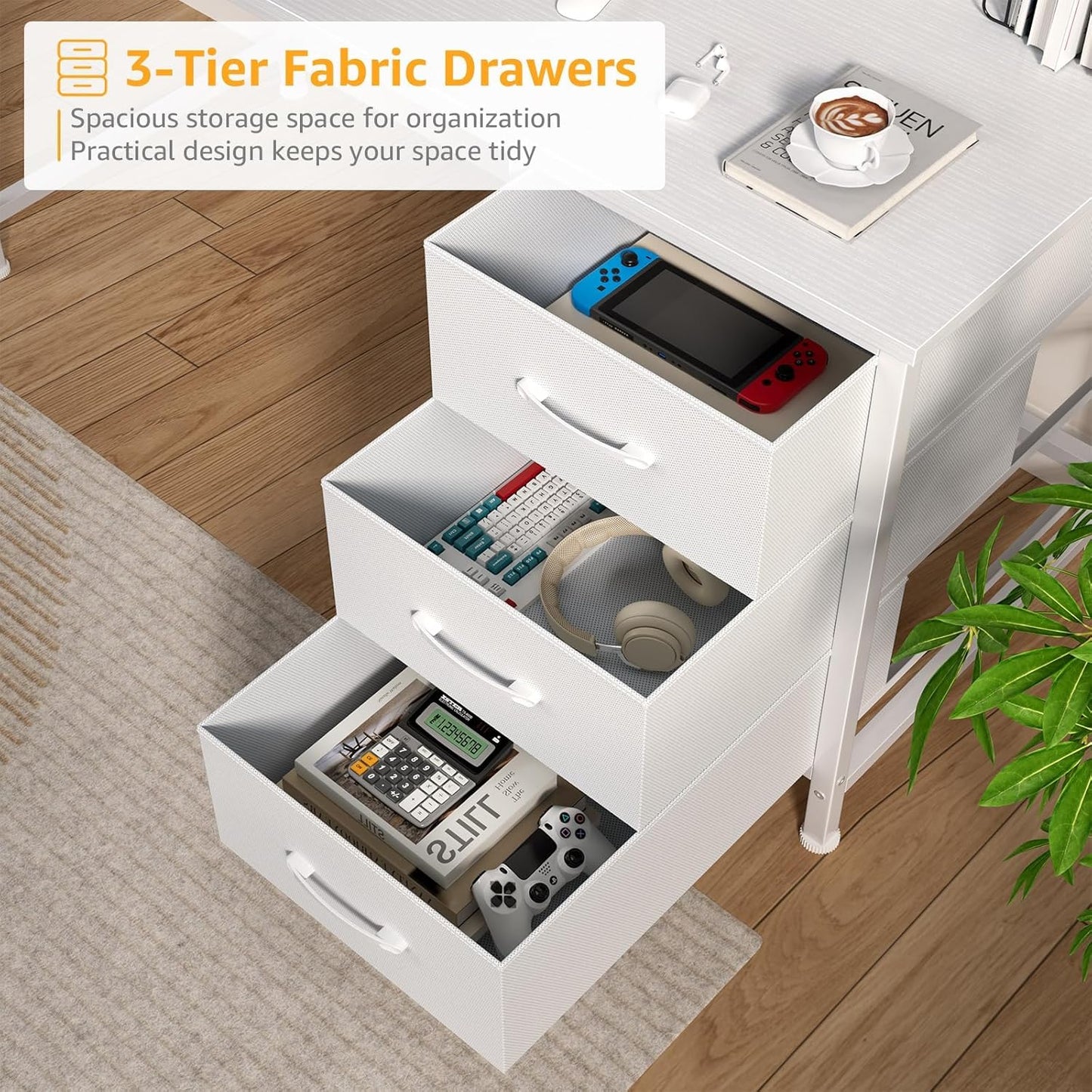 DLisiting White Computer Desk with Hutch & Drawers - 47 Inch Modern Study Writing Office Desk with 3 Storage Drawers and Power Outlets for Bedroom Home Office