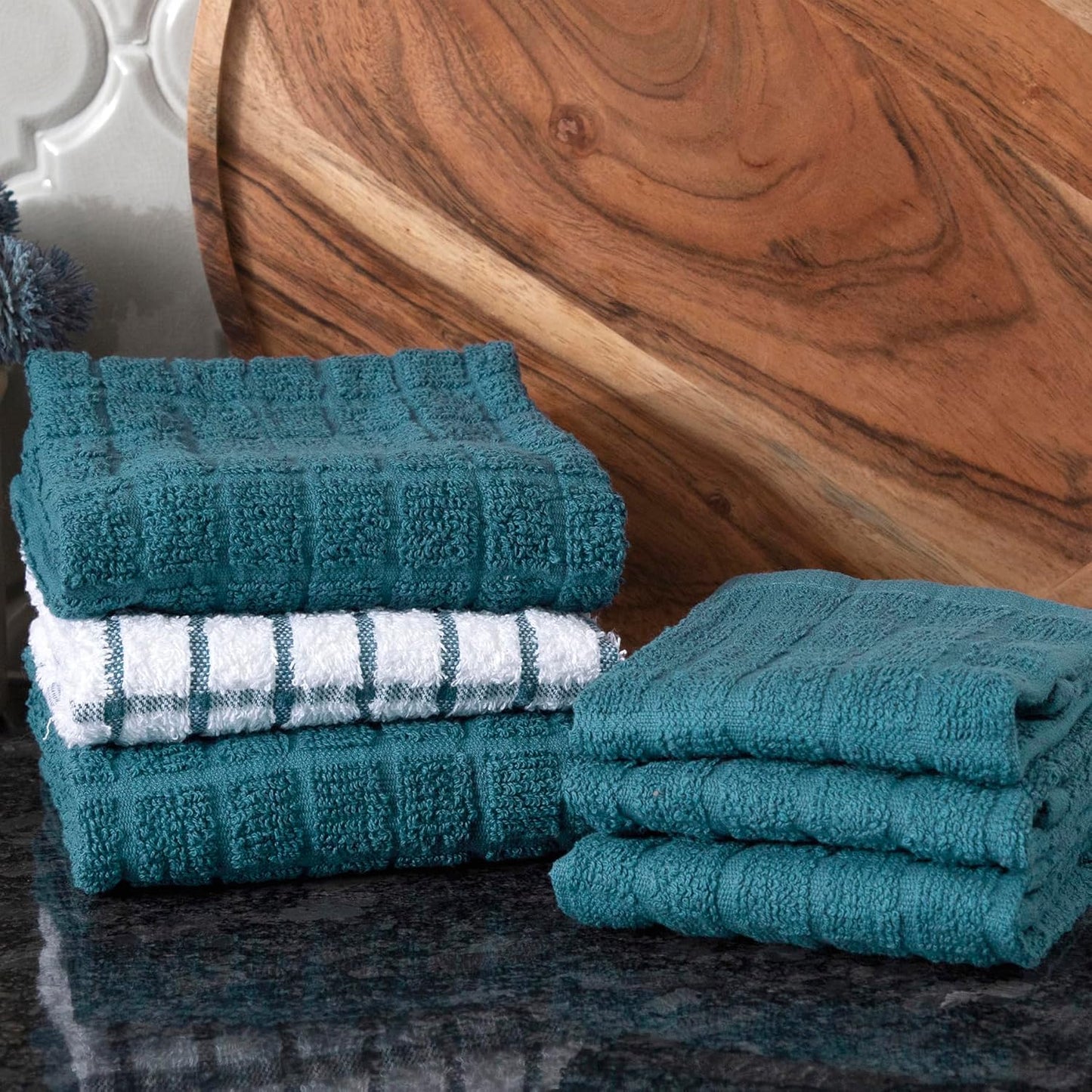 Ritz Premium Kitchen Towel and Dish Cloth Value Set: Highly Absorbent, Super Soft, Long-Lasting, 100% Cotton Checked and Solid Hand Towels, Tea Towels, Bar Towels - 6 Pack, Atlantic