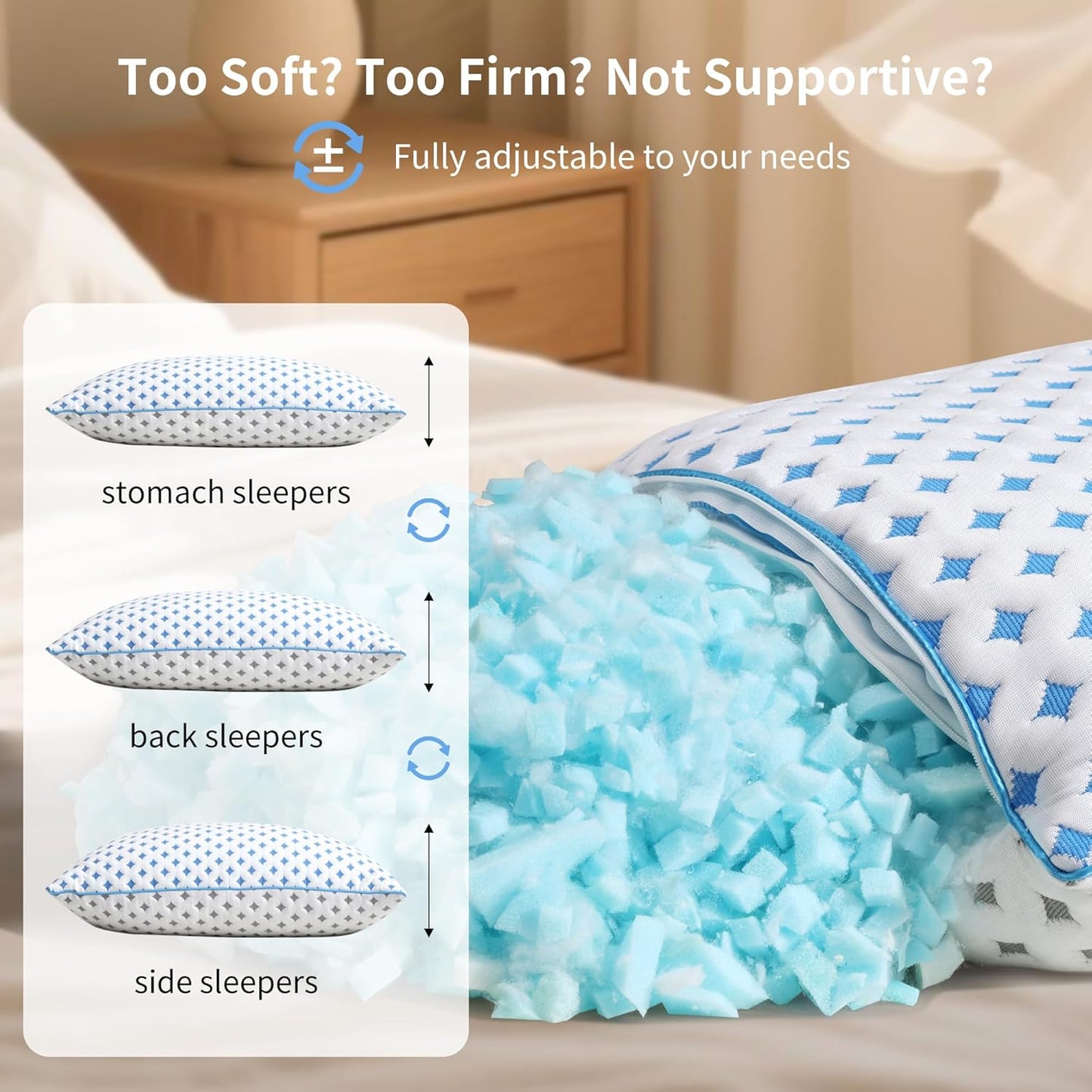 Memory Foam Pillows 2 Pack – Adjustable Loft Cooling Pillows Queen Size Set of 2 for Sleeping, Firm, Supportive, and Breathable Design for Hot, Side, Back, and Stomach Sleepers