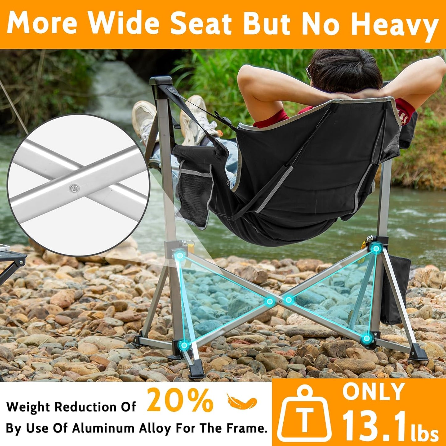 Romswi 2-Pack Aluminum Hammock Chair with Footrest, Oversized Portable Folding Swinging Chair with Adjustable Back & Seat, Lightweight Rocking Camp Chair Supports 440lbs for Outdoor, Patio - Black