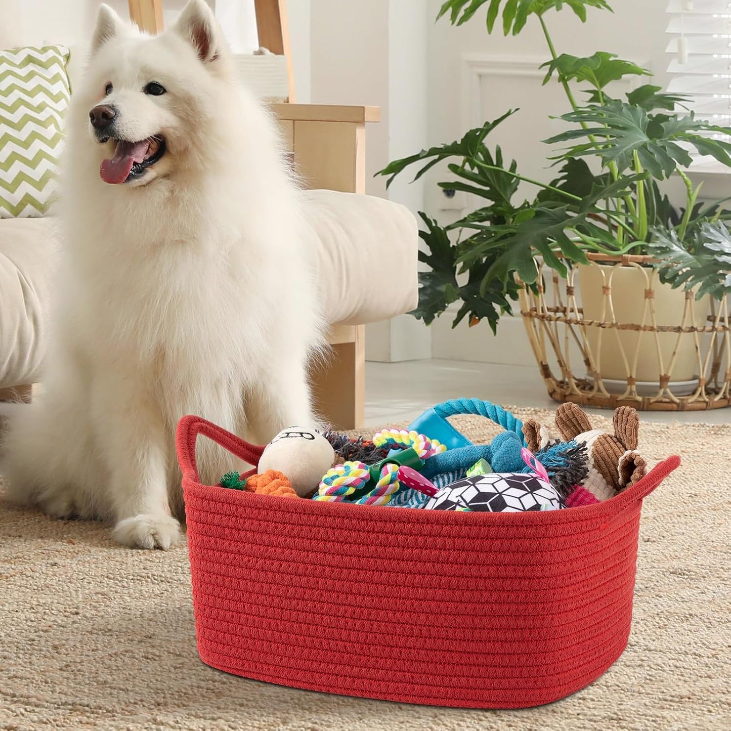 OIAHOMY Woven Basket, Gift Basket Empty with Gift Bags and Ribbons, Rope Baskets for Baby Showers, Storage Baskets with Handles for Nursery, Pet Toy Organizer - Red