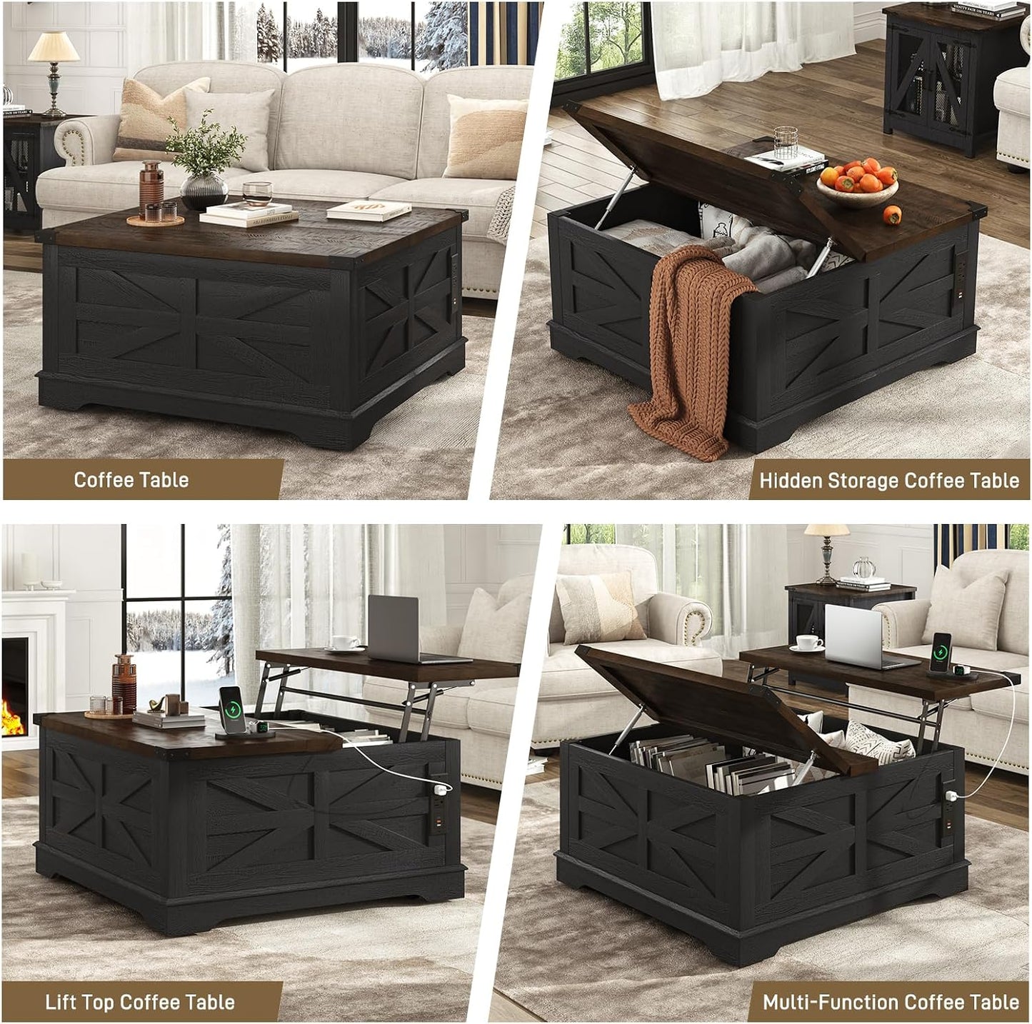 Hlivelood 36" Farmhouse Movable Lift Top Coffee Table with Storage and Power Outlets, Square Wood Living Room Tables with Wheels&Large Hidden Space, Lift Wooden Barn Door Center Table, Black