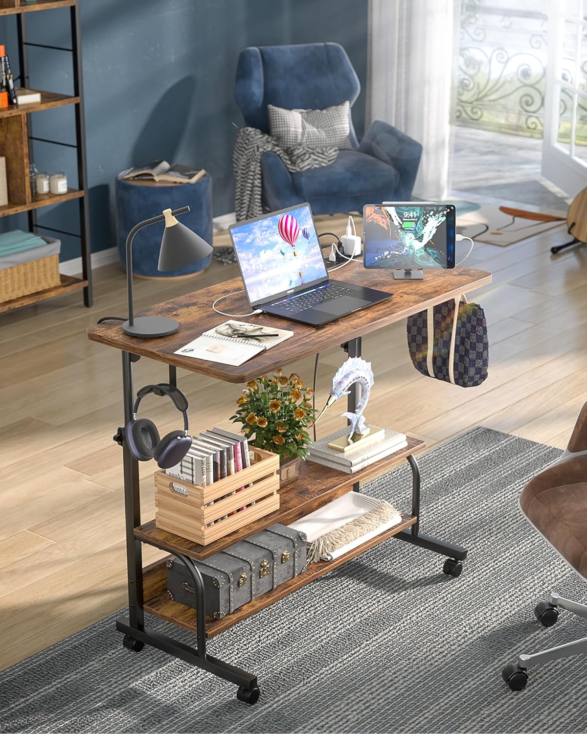 Armocity Rolling Standing Desk with Charging Station, Portable Height Adjustable Mobile Computer Desk with Wheels & 2-Tier Shelves & Hooks, Easy Assembly Laptop Table for Couch Bed, 32" Rustic Brown