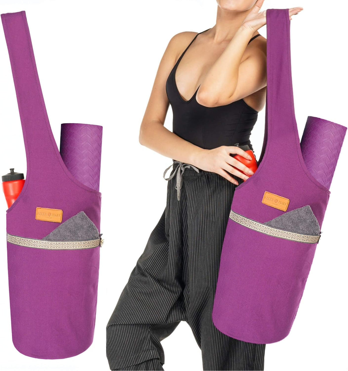 ALLEN & MATE 100% Cotton Canvas Yoga Mat Bag, Fits Mats up to 72 In Long and 7.5 In Thick, Wide Shoulder Strap, Zip Pocket, Blue Stripe