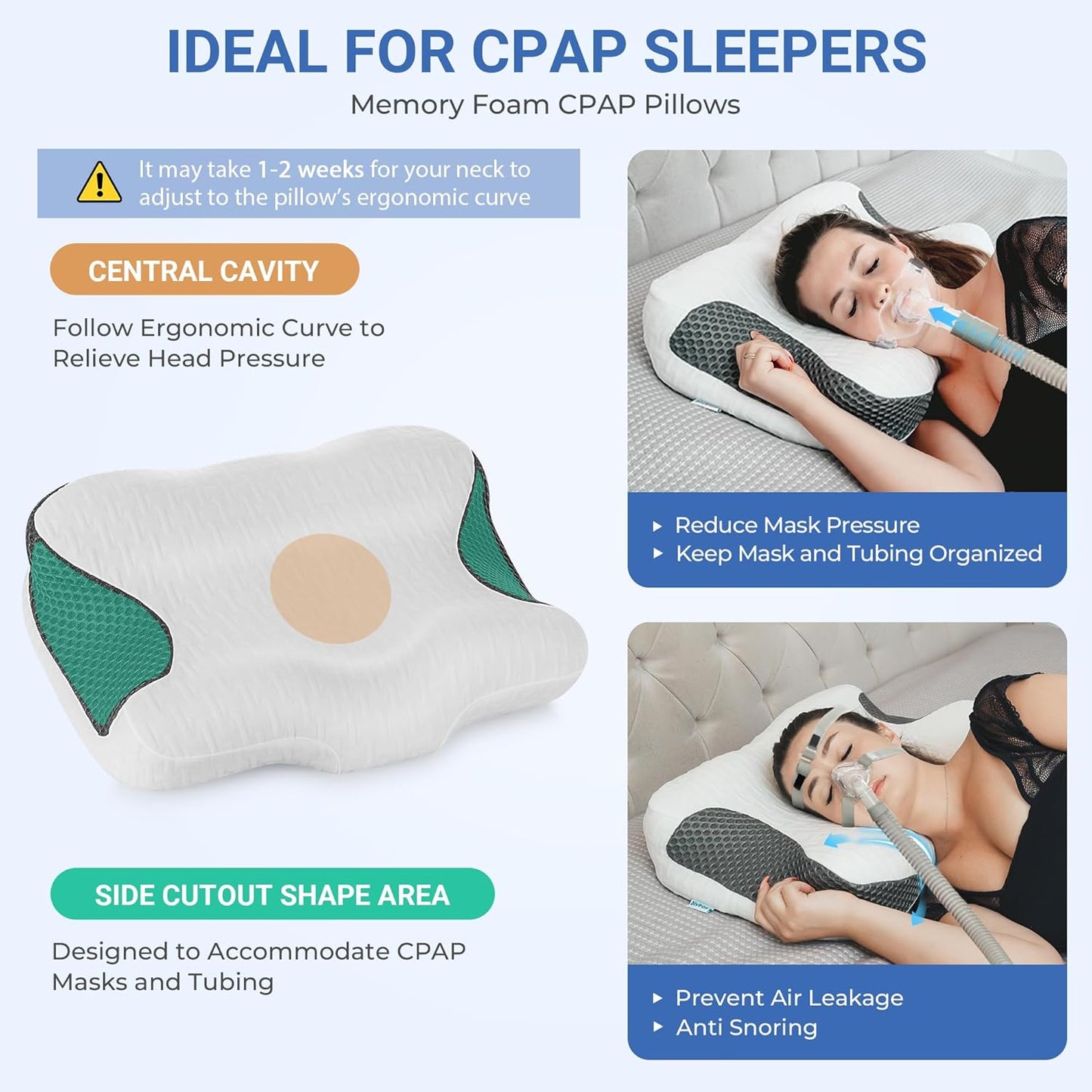 Elviros CPAP Pillow for Sleeping, HSA/FSA Ergonomic Adjustable Height Neck Support Memory Foam Bed Pillow for CPAP Users with Sleep Apnea, Suitable for Side and Back Sleepers