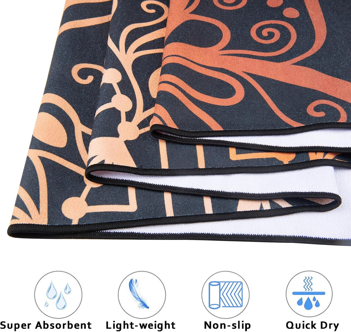 QiyI Hot Yoga Towel with Grip Dots, Non Slip, 70"x26", Golden Mandala