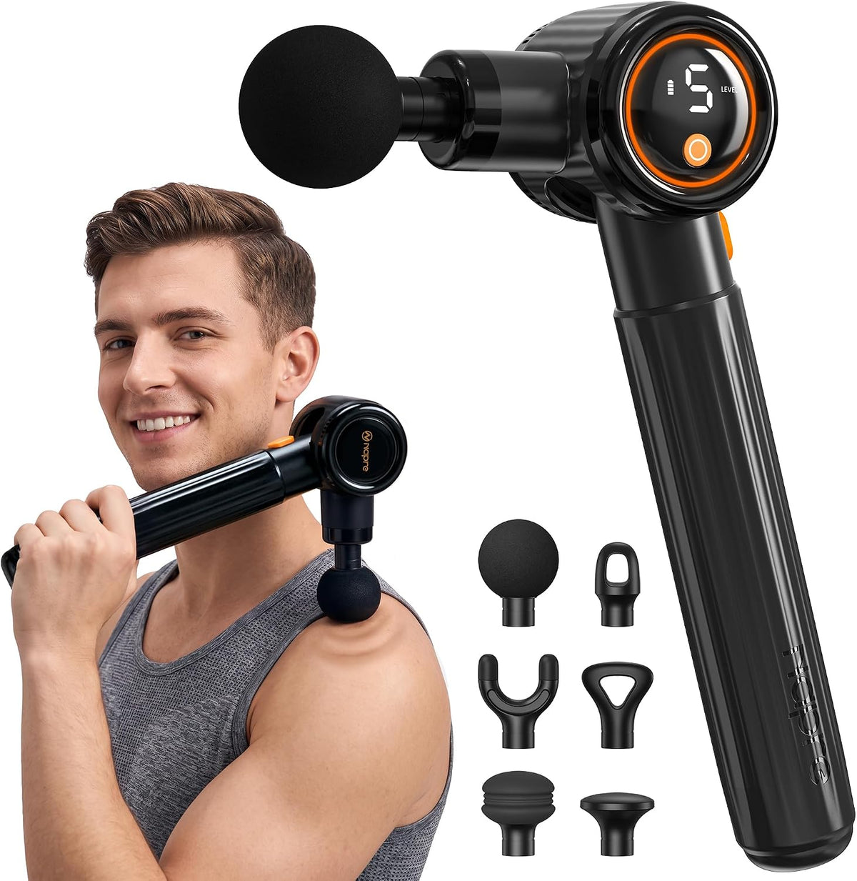 NAPRE Massage Gun,Massage Gun Deep Tissue with Extension Handle & 3 Adjustable Angles,Handheld Percussion Back Massager for Muscle/Neck/Body Pain Relief,6 Heads,Black
