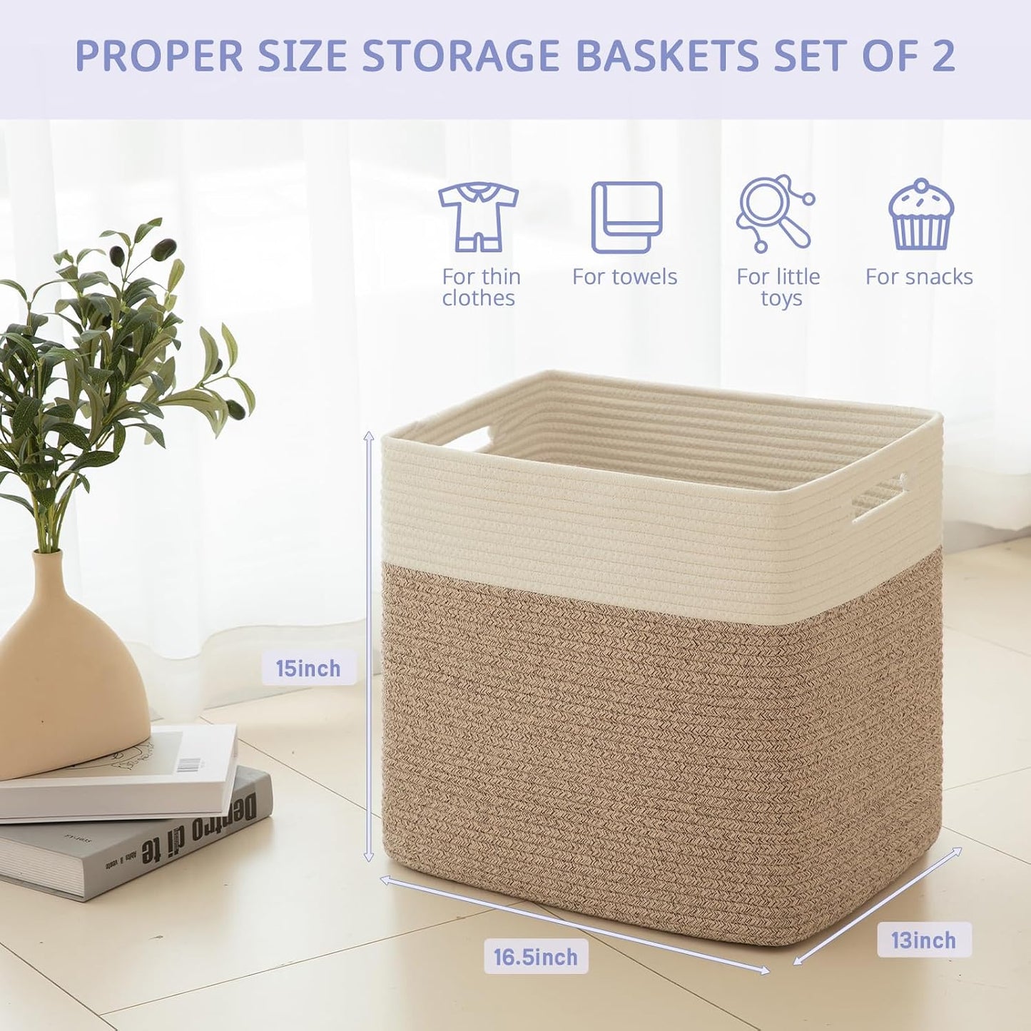 OIAHOMY 2 PACK Tall Storage baskets 55L Blanket Basket Living Room Brown | Large Collapsible Storage Bins Narrow Basket Baskets for Closet Organization Storage Baskets for Shelves Toy Storage Basket