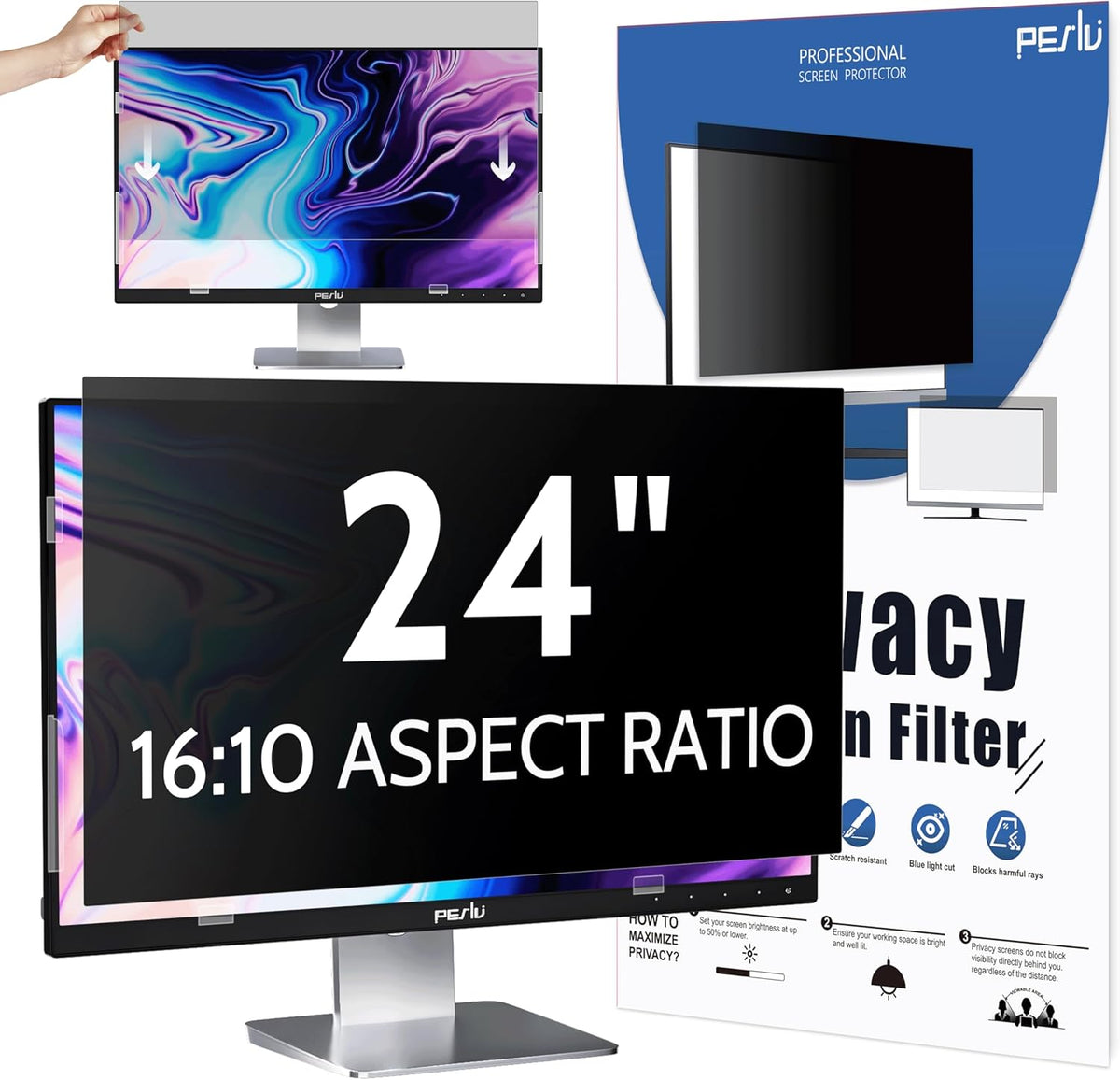 Peslv 15.6 Inch Laptop Privacy Screen Compatible with Lenovo Hp Dell Acer Asus Thinkpad Envy Xps Computer 16:10 Aspect, Removable Anti Glare Blue Light Filter Protector, 15" Monitor Security Shield