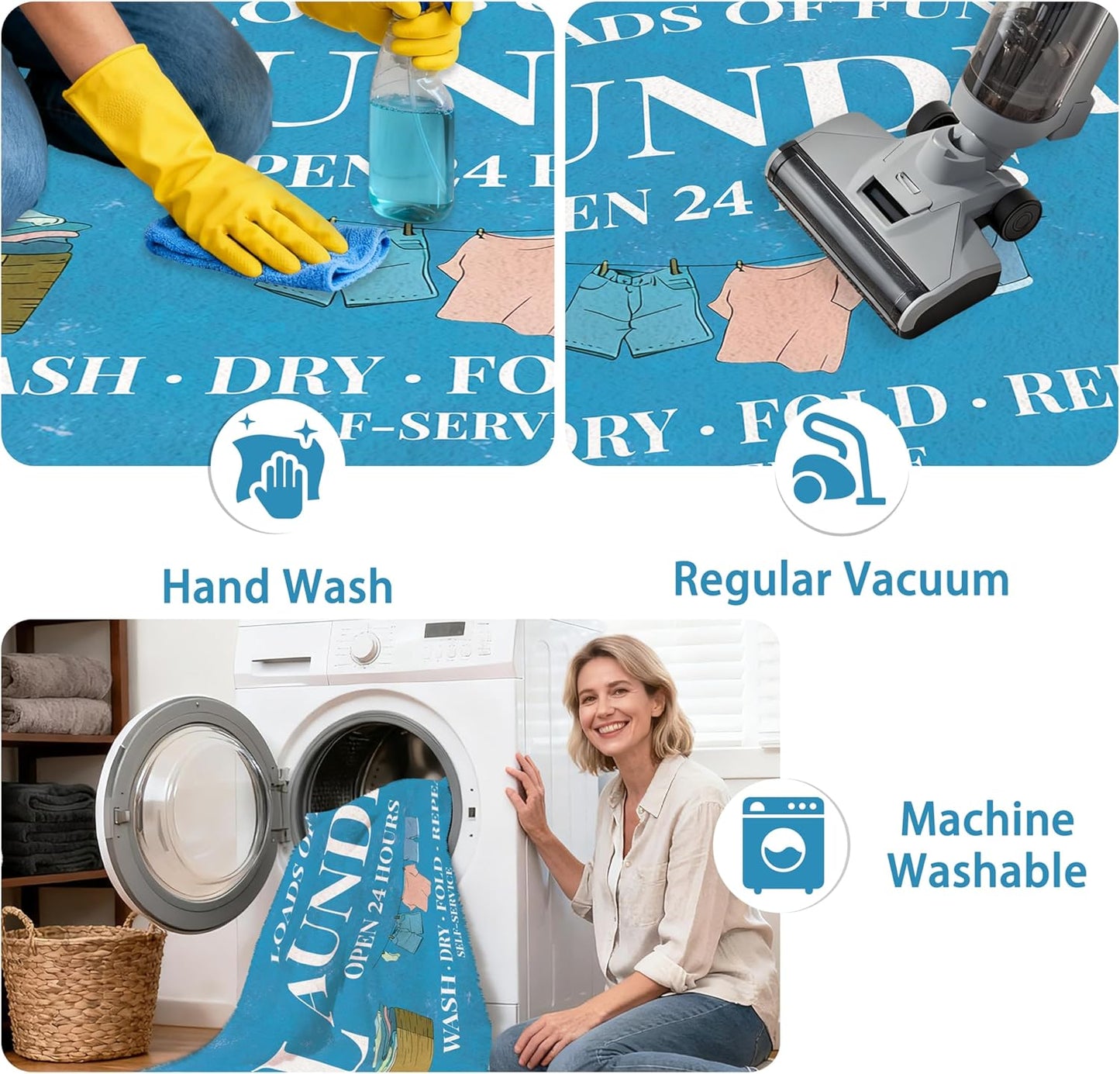 Washable Laundry Room Rug, 20"X47" Non Slip Laundry Mat Runner Soft Low-Pile Laundry Room Organization Farmhouse Decor Area Rug for Entryway Hallway Kitchen Bathroom Blue