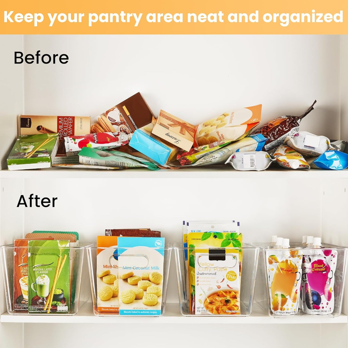 YIHONG 8 Pack Clear Pantry Organizer Bins,Plastic Storage Containers with Handle for Kitchen,Freezer,Cabinet,Closet,Bathroom Under Sink Organization
