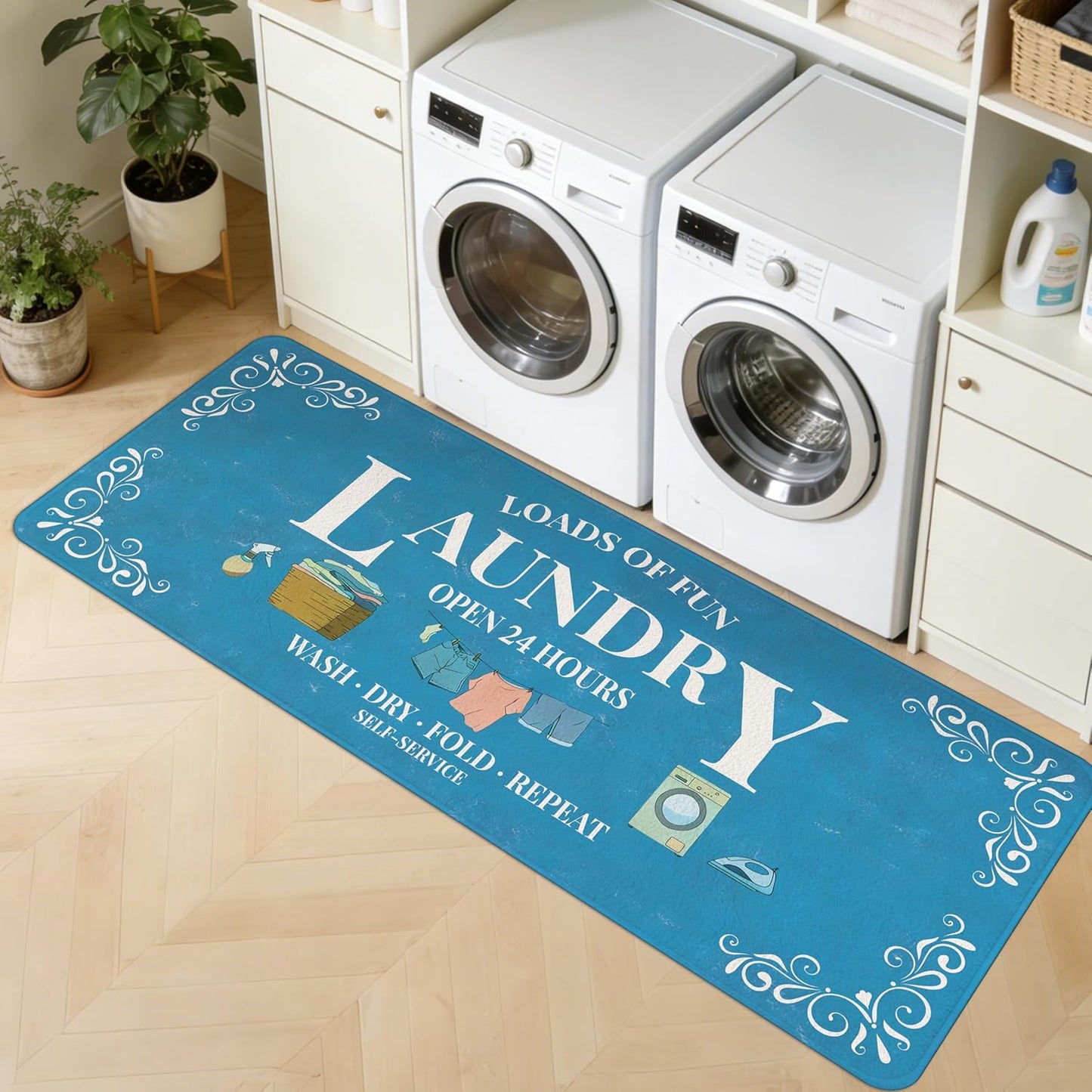 Washable Laundry Room Rug, 20"X47" Non Slip Laundry Mat Runner Soft Low-Pile Laundry Room Organization Farmhouse Decor Area Rug for Entryway Hallway Kitchen Bathroom Blue