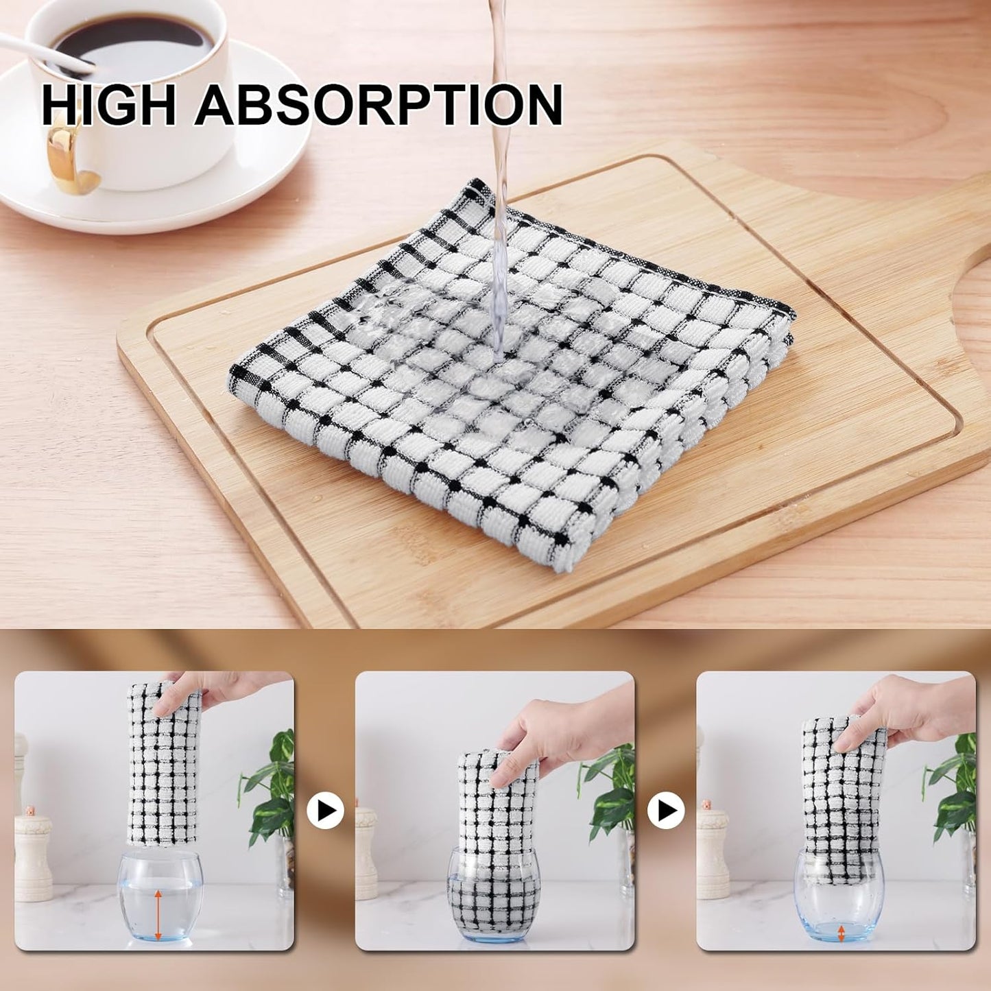 Kitinjoy Cotton 8 Pack Terry Kitchen Dish Cloths, 12 x 12 Inches Super Soft and Absorbent Dish Rags, Quick Drying Dish Towels for Washing Dishes, Black