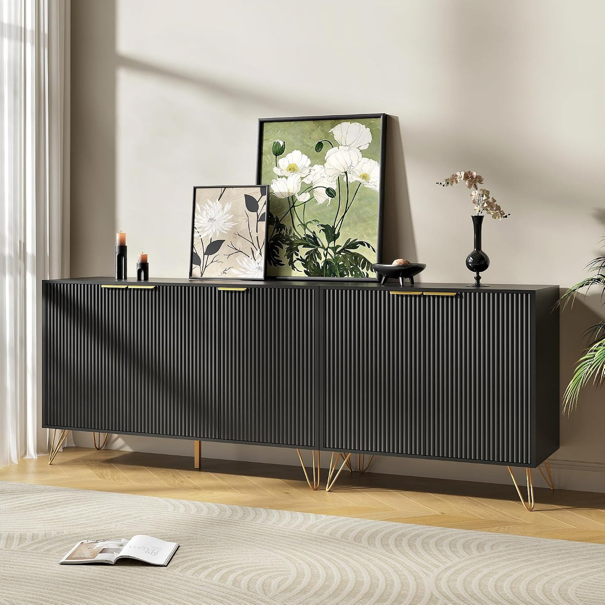 75 inch TV Stand with 5 Fluted Doors and Adjustable Shelves, Black丨Modern Entertainment Center Cabinet, Wood Media Console Storage Cabinets for Living Room Bedroom