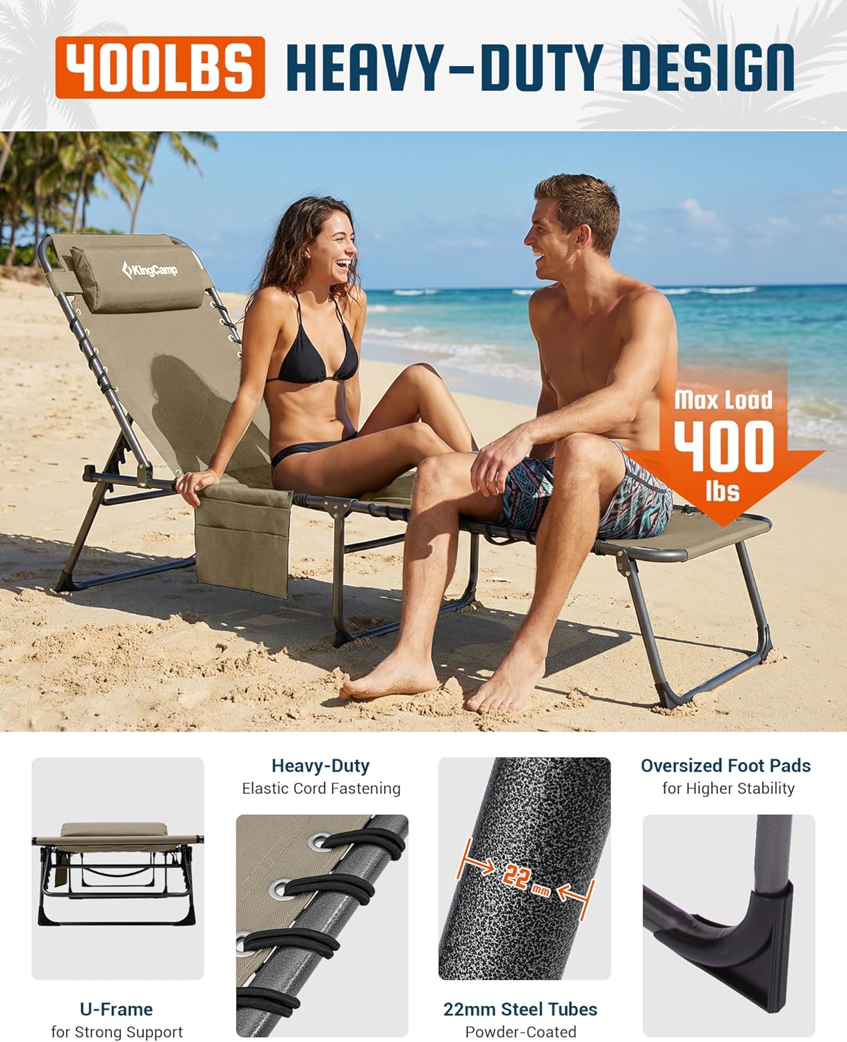 KingCamp Lounge Chair Outdoor,400LBS Tanning Chairs for Outside,Adjustable 5-Position Patio Lounge Chair Sunbathing Chase Lounge Chair Outdoor for Outside Beach Patio Sun Bathing Pool Backyard