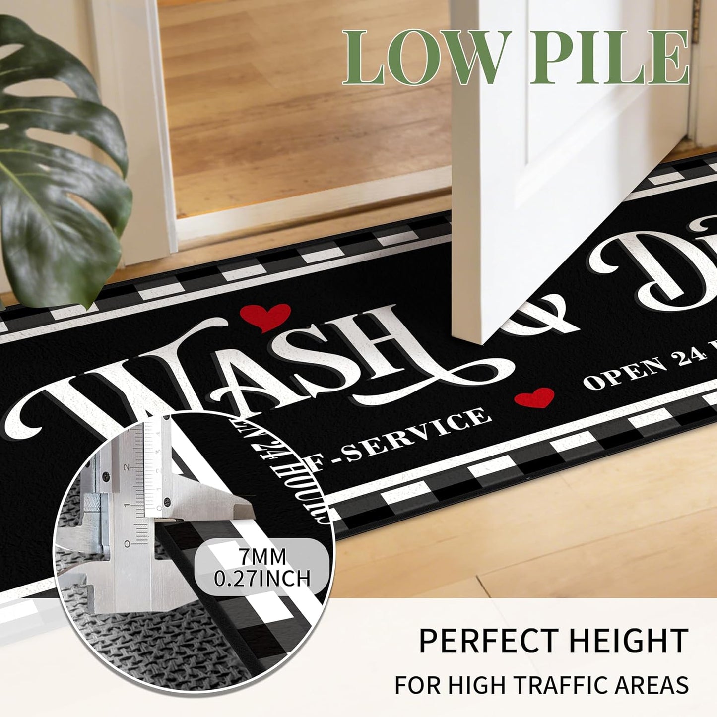 Washable Laundry Room Rug, 20"X47" Non Slip Laundry Mat Runner Soft Low-Pile Laundry Room Organization Farmhouse Decor Area Rug for Entryway Hallway Kitchen Bathroom Black Plaid