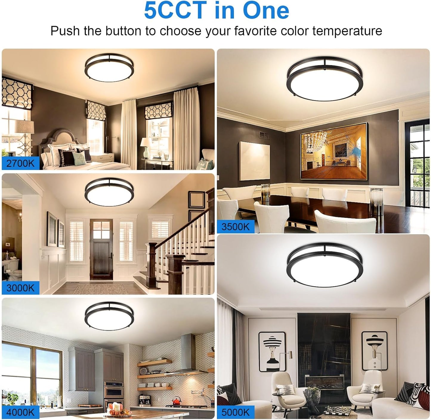 DLLT Flush Mount LED Ceiling Light: 13 Inch 5CCT (3000K-6000K) & Dimmable Ceiling Light Fixtures for Bedroom Hallway - 24W Modern Black Super Bright Kitchen Lighting Fixtures Ceiling