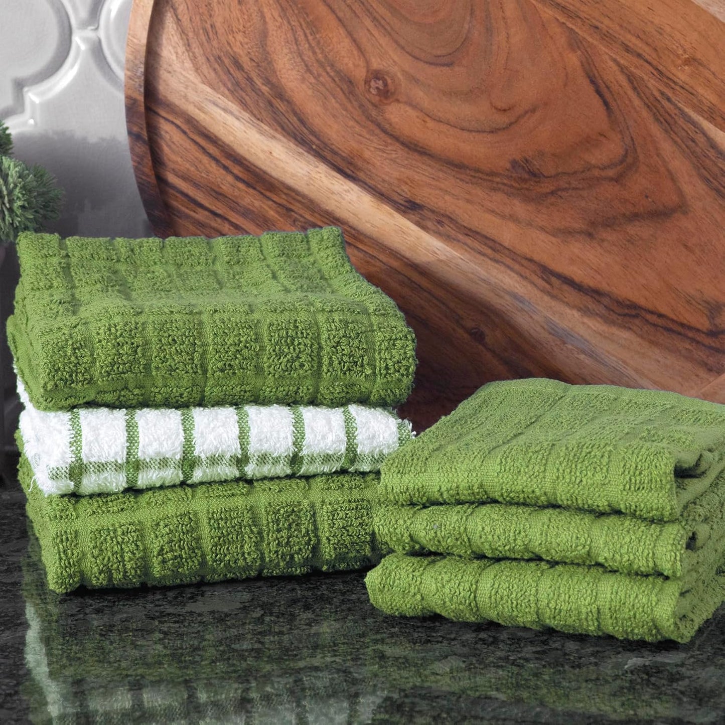 Ritz Premium Kitchen Towel and Dish Cloth Value Set: Highly Absorbent, Super Soft, Long-Lasting, 100% Cotton Checked and Solid Hand Towels, Tea Towels, Bar Towels - 6 Pack, Fluorite Green