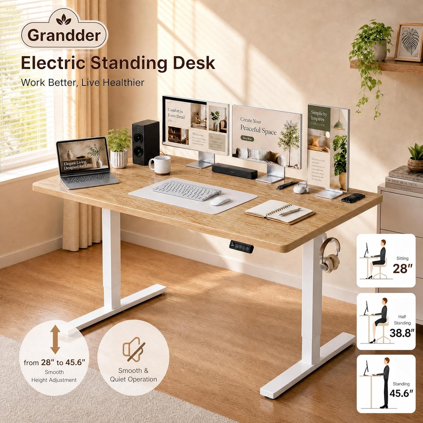 Grandder 55x32 Extra-Deep Electric Standing Desk, Wide Desktop Fits 49" Ultrawide Monitor+Dual Screens, 176 lbs Capacity, 2 Memory Presets, Anti Collision, Computer Desk for Home Office & Gaming, Oak