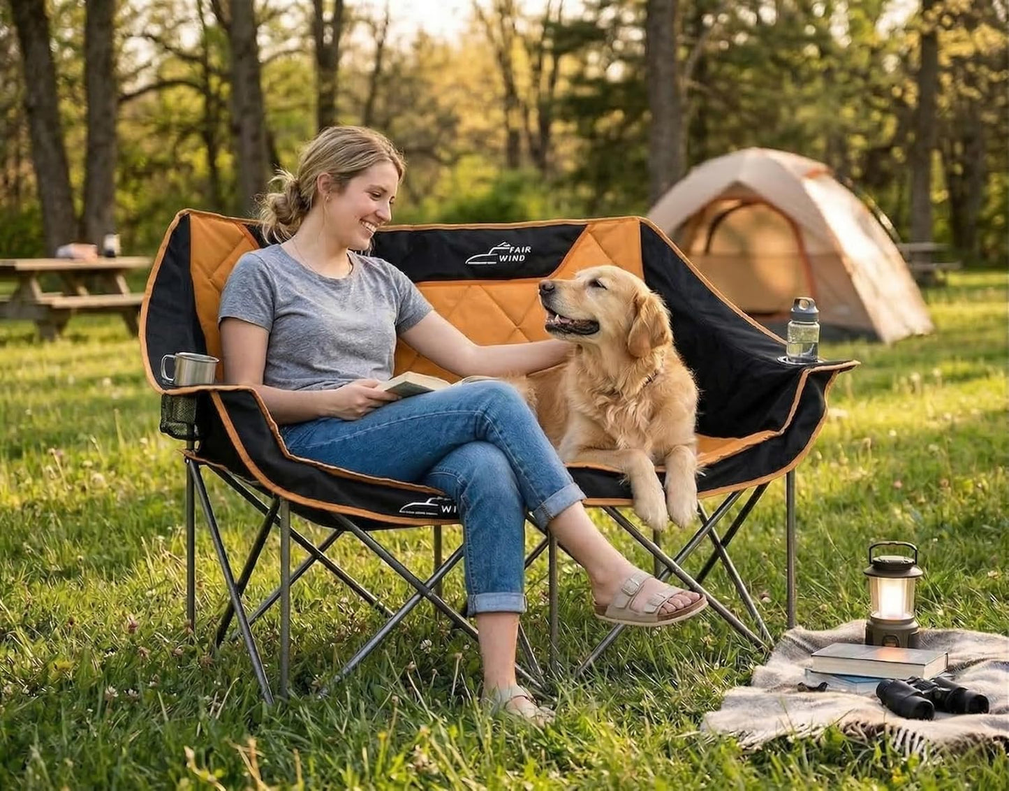 FAIR WIND Oversized Fully Padded Camping Chair Folding Loveseat Camping Couch Double Duo Chair Heavy Duty Quad Fold Arm Chair with Cup Hold - Supports 650 LBS Orange