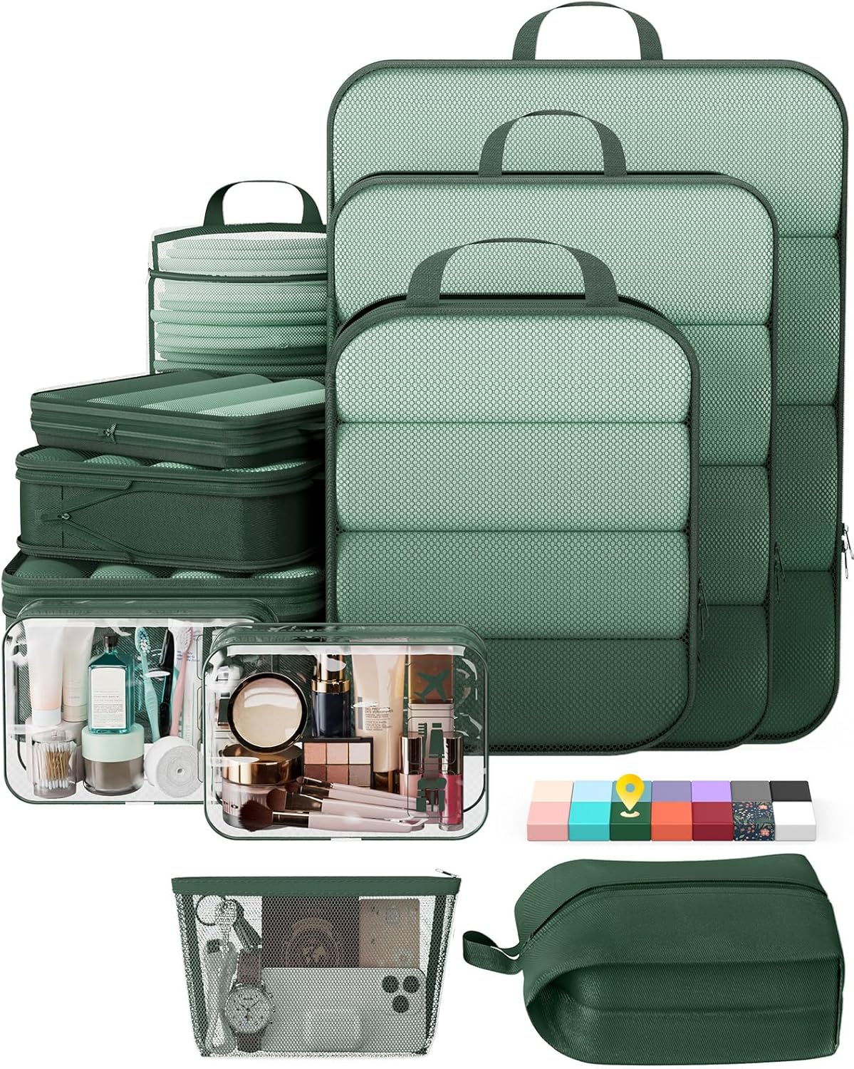 Veken 11 Set Compression Packing Cubes for Travel Essentials,Compressible Expandable Large Luggage Suitcase Organizer Bags for Clothing,Durable Space Saver Storage Bags with Toiletry Bags(Dark Green)