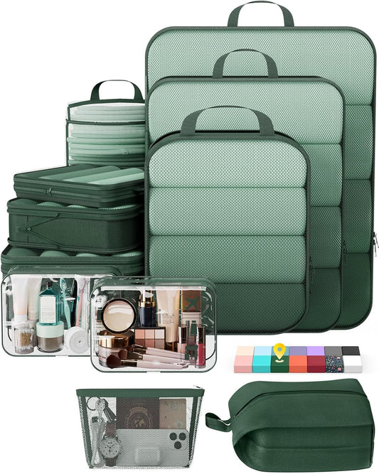 Veken 11 Set Compression Packing Cubes for Travel Essentials,Compressible Expandable Large Luggage Suitcase Organizer Bags for Clothing,Durable Space Saver Storage Bags with Toiletry Bags(Dark Green)