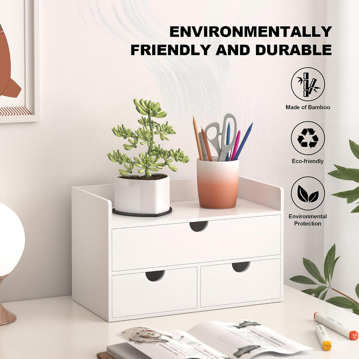 Bamboo Desk Organizer with Drawers Desktop Storage Drawers for Bills Office Supplies Kitchen Utensils Organizing Tool for Home Classroom Organization No Assembly (White with Shelf)