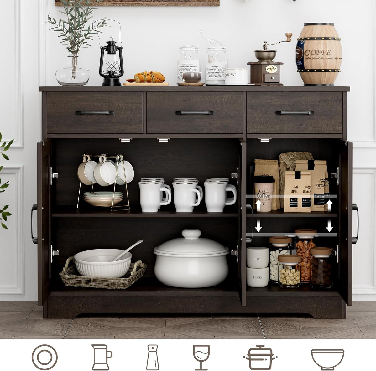 HOSTACK Kitchen Buffet Cabinet with Storage, Sideboard Coffee Bar, Brown | Farmhouse Kitchen Storage Cabinet with 3 Drawers & Adjustable Shelf & Doors, 42.5"W Buffet Table for Dining Living Room
