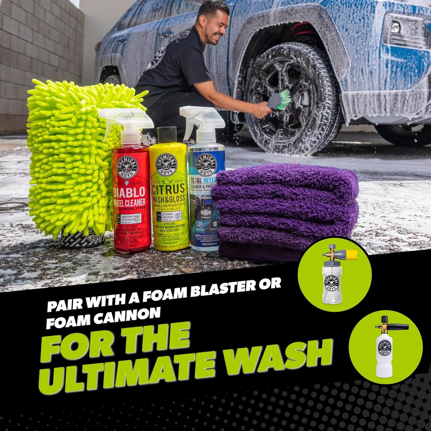 Chemical Guys Car Cleaning Kit - with Car Wash Soap, Wheel Cleaner, Total Interior, Car Wash Mitt - Interior and Exterior Wash Kit with Vehicle Cleaning and Detailing Accessories - 7 Item Kit
