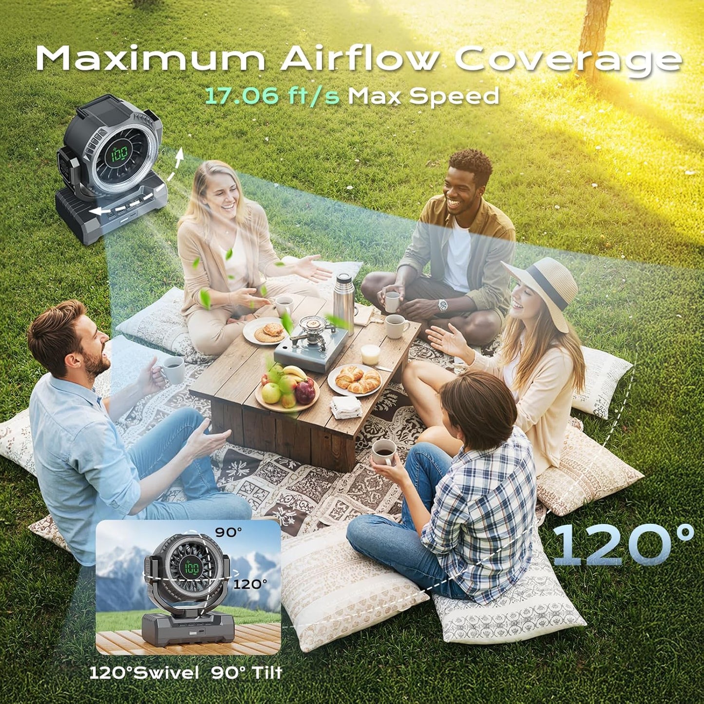 24000mAh Camping Fan, Portable Rechargeable Fan, Battery Powered Fan with LED Lantern & 120° Oscillation, Battery Operated Ventiladores for Travel, Tent, Fishing, Jobsite, Outdoor, Gifts for Men Dad