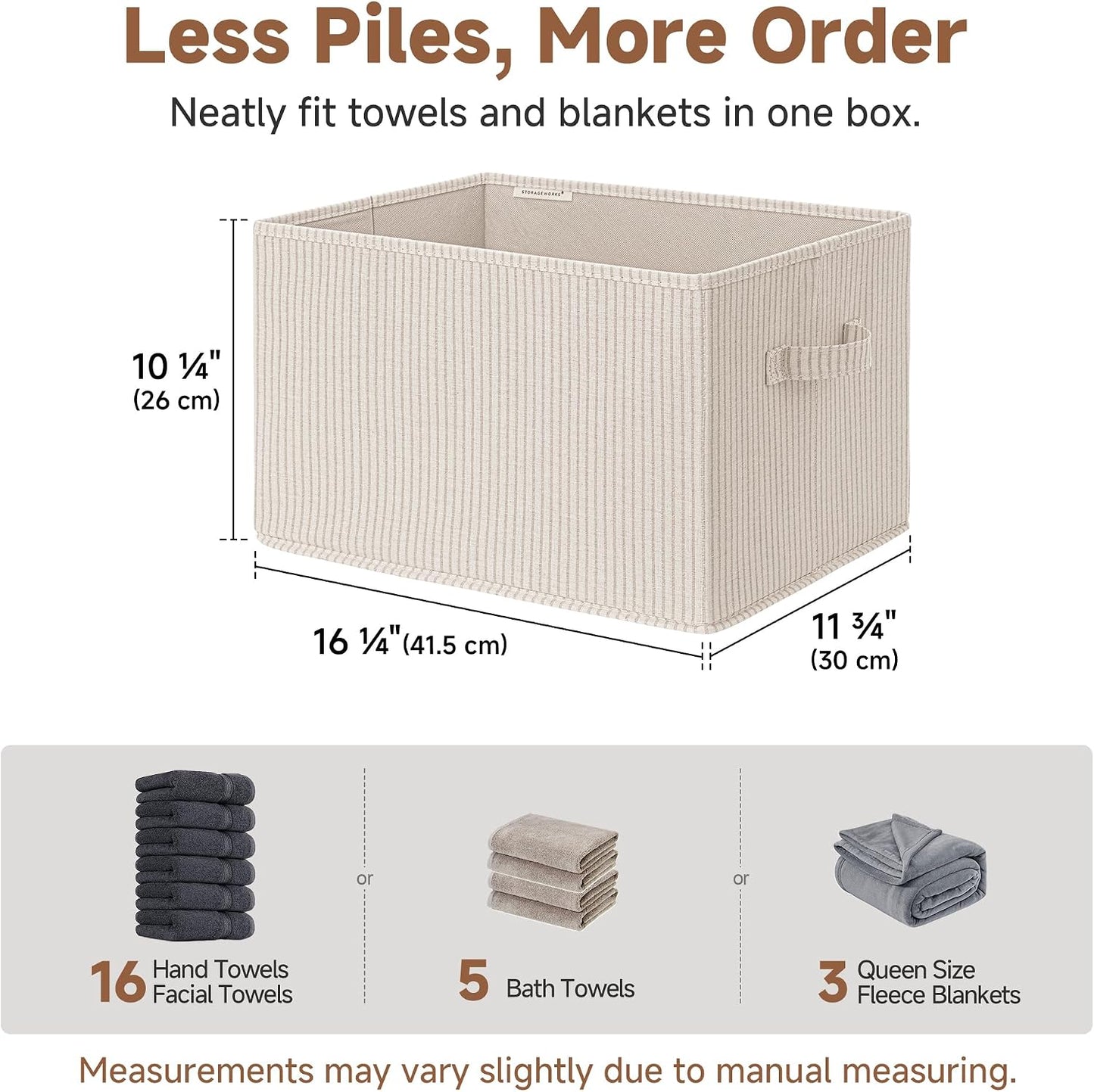 StorageWorks Shelf Organizer Bins, Beige Stripes, Extra Large, 3-Pack | Foldable Shelf Organizer Bins, Closet Storage Baskets for Clothes, Storage Bins for Organization