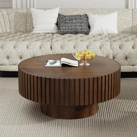 Artisan-Crafted Round Fluted Coffee Table (Walnut 31in) | Solid Wood Drum Base with Detailing, Handmade Circular Centerpiece for Living Room, Rustic Modern Home Decor