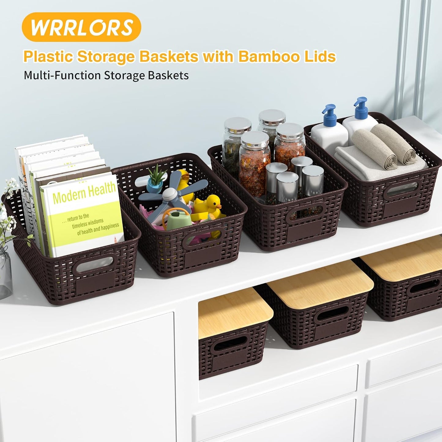 6 Pack Plastic Storage Baskets,Brown bamboo lid storage Box