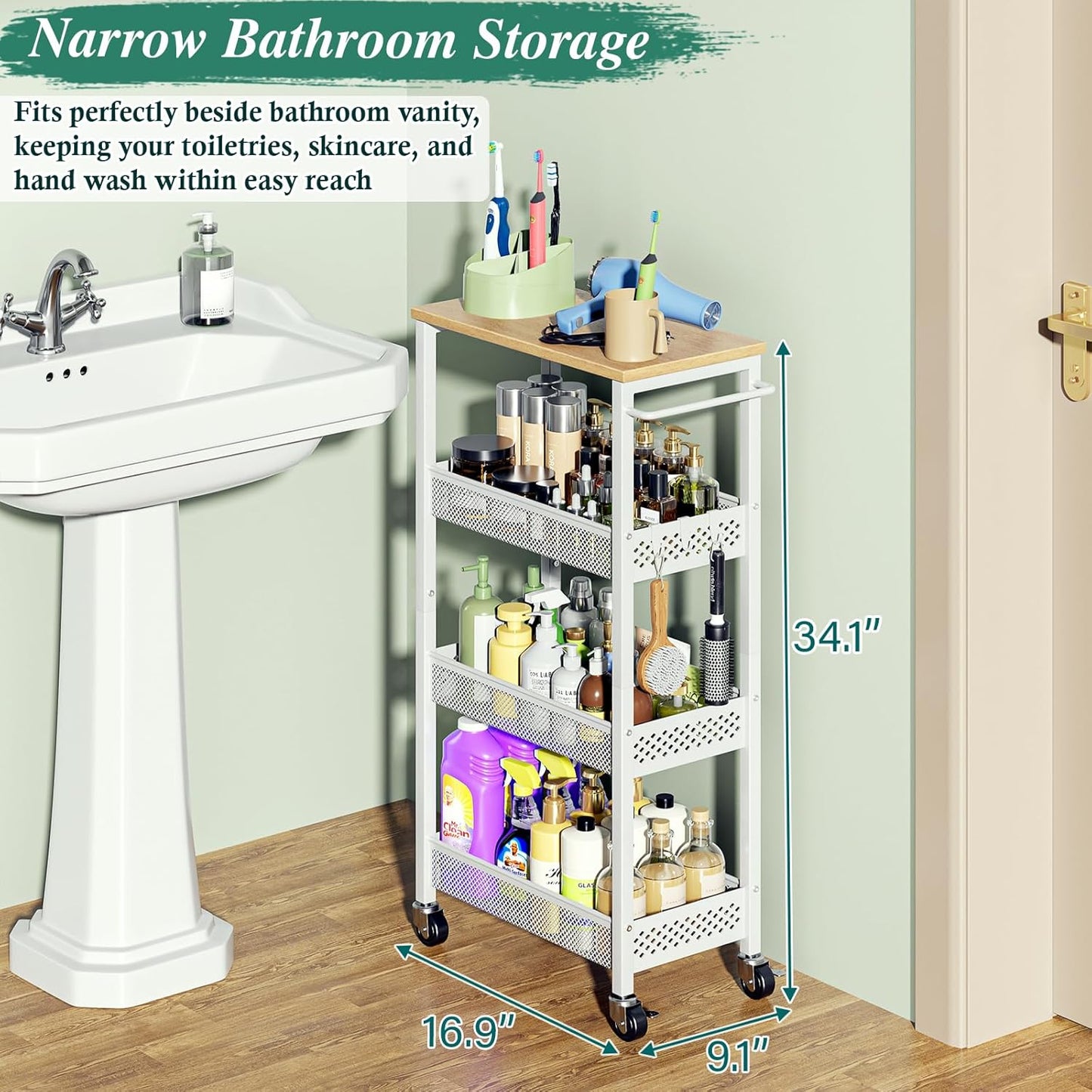 OKZEST Utility Slim Storage Cart, 4-Tier Narrow Bathroom Organizers and Storage Cart, Narrow Metal Kitchen Laundry Room Organization Shelf with Wood Top, Slim Rolling Carts with Wheels for Small Space