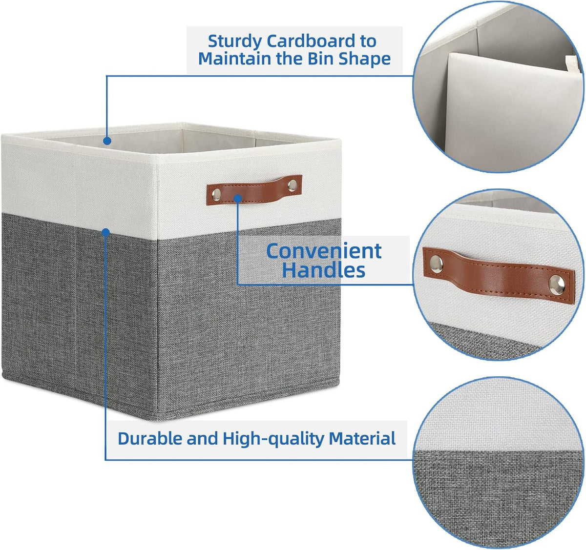 Temary Storage Cubes 12x12 Fabric Cube Storage Bins Foldable Storage Baskets with Handles, Decorative Storage Boxes for Organizing, Home, Office, Nursery, Shelf, Closet (White & Grey, 12 x 12 x 12)