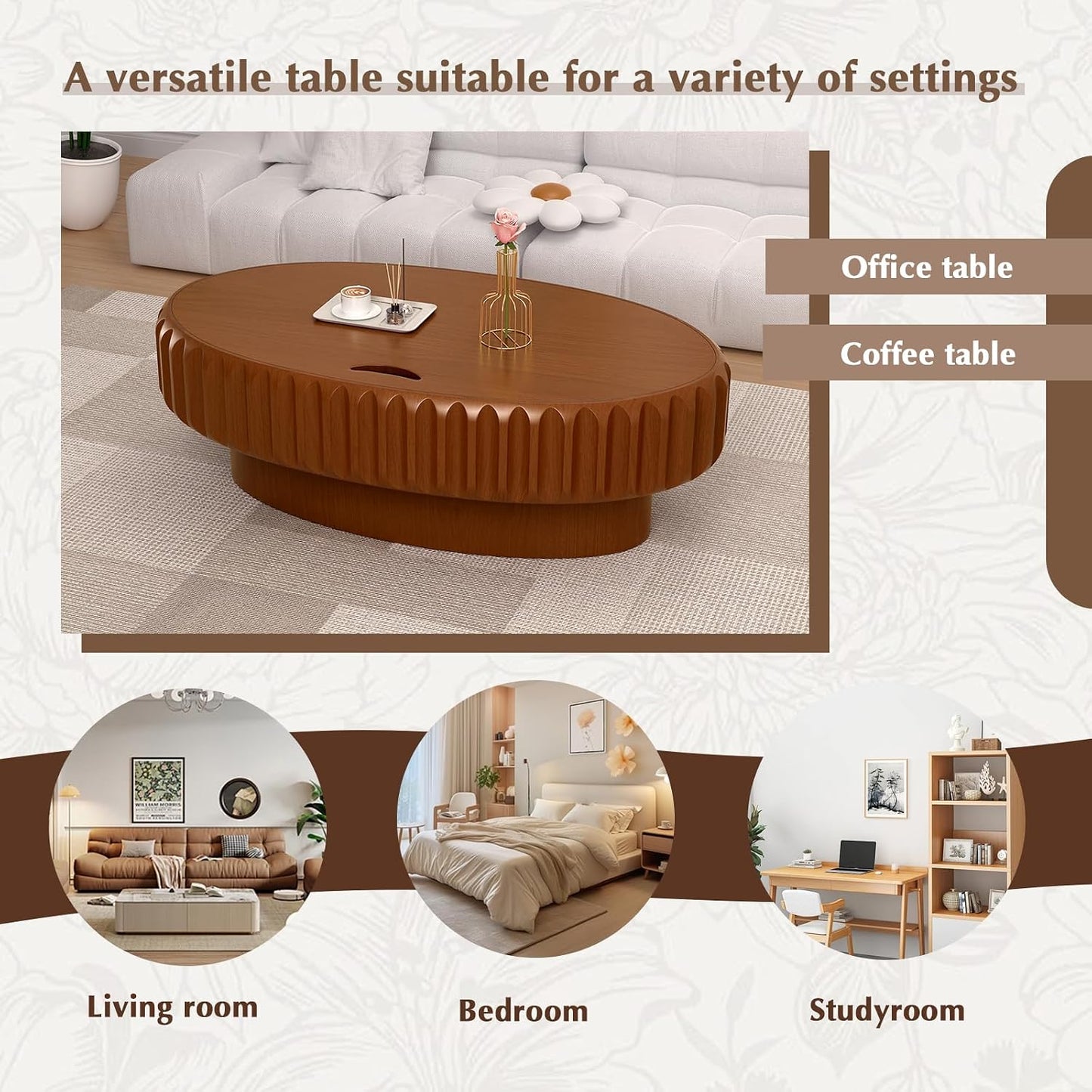 43.3 in Brown Oval Drum Coffee Table with Storage | Modern Oval Fluted Storage Center Table Handcrafted Solid Wood Fluted Edge, Sturdy Oval Base For Living Room, Apartment