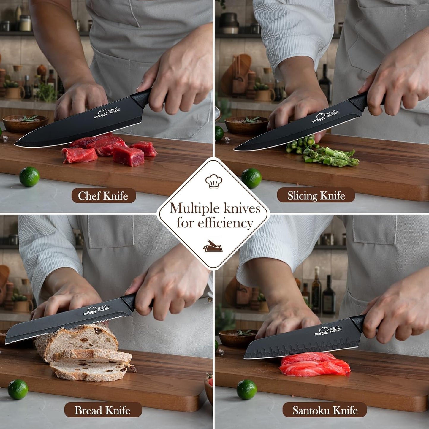 Knife Set, 15 Pieces Kitchen Knife Set with Block Built in Sharpener, Dishwasher Safe, German Stainless Steel Knife Block Set, Elegant Black