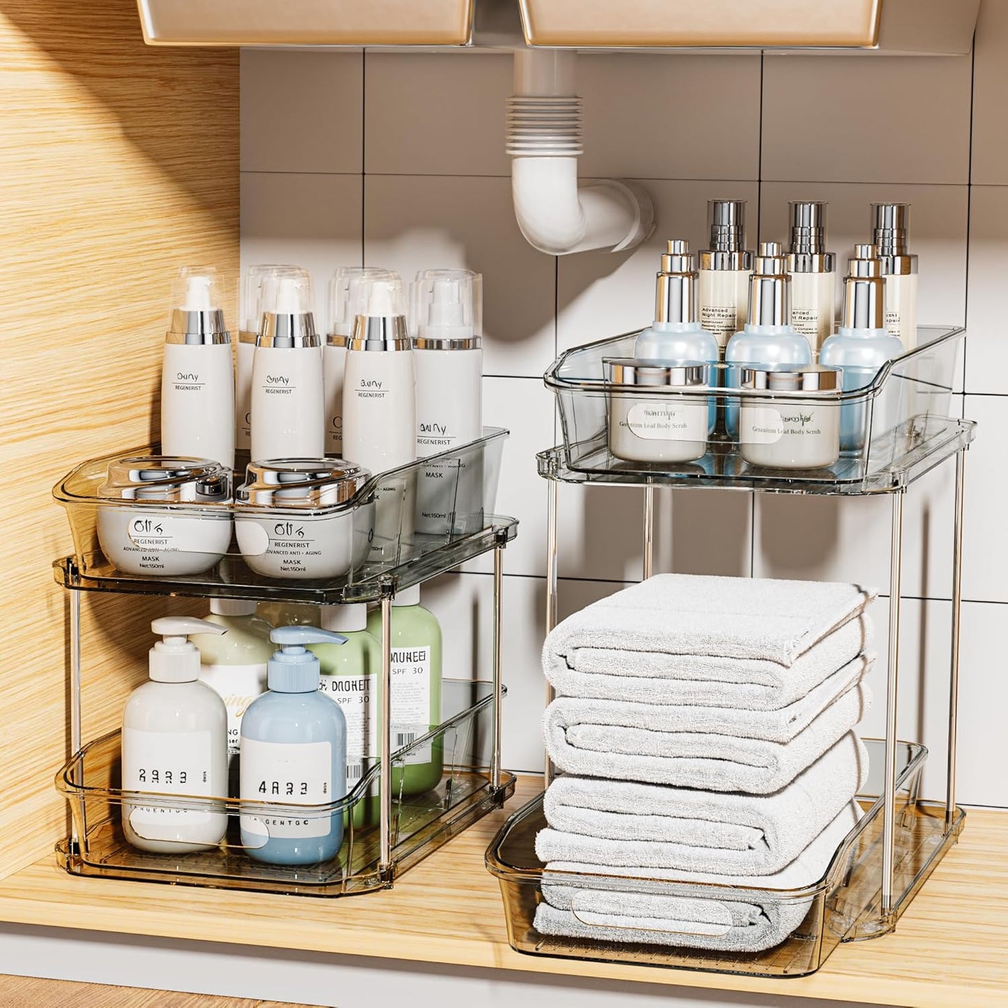 Delamu 2-Tier Under Sink Organizers and Storage, Multi-Purpose Stackable Bathroom Cabinet organizers, Pull Out Kitchen Pantry Organization and Storage with Dividers(2 Pack, Grey)